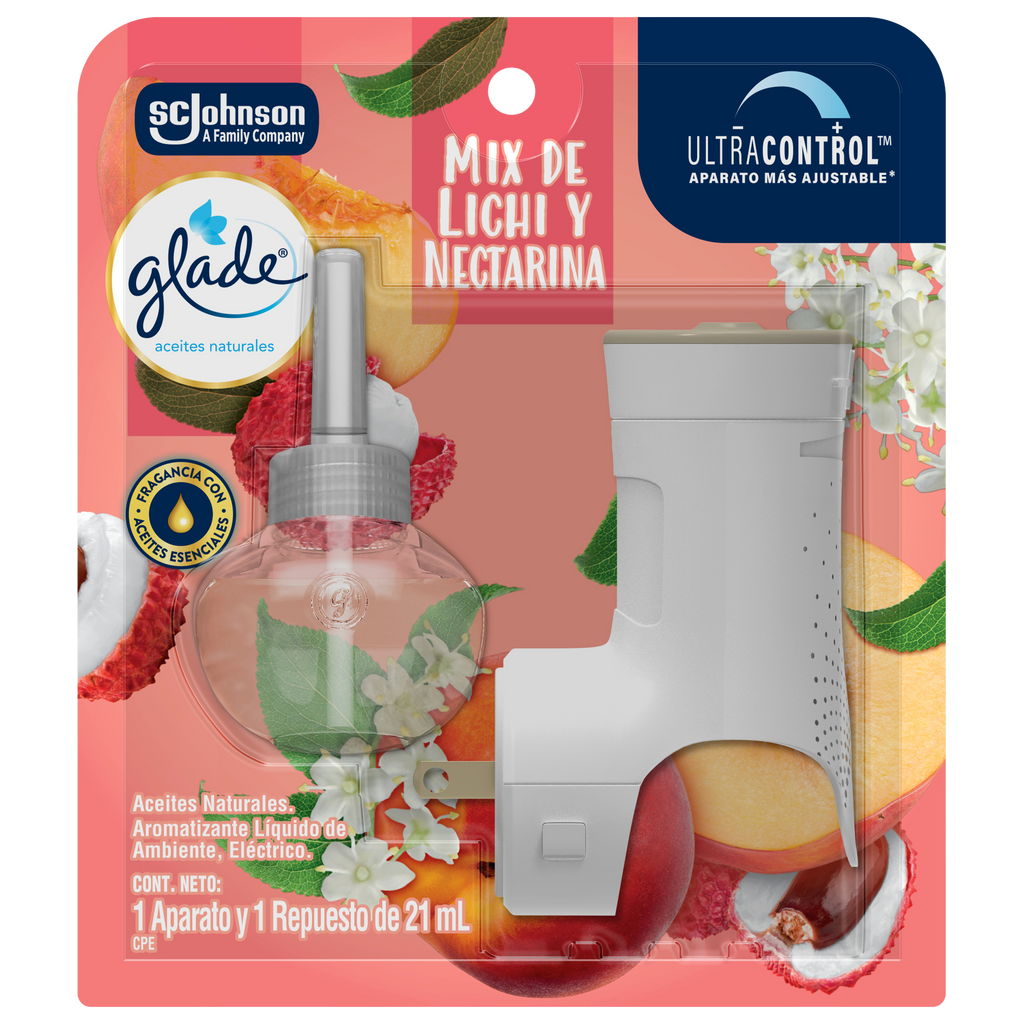 Glade Aromatizante Aceites Naturales Líquido Eléctrico Mix de lichi y nectarina Aparato y 1 Repuesto 21 ml c/u