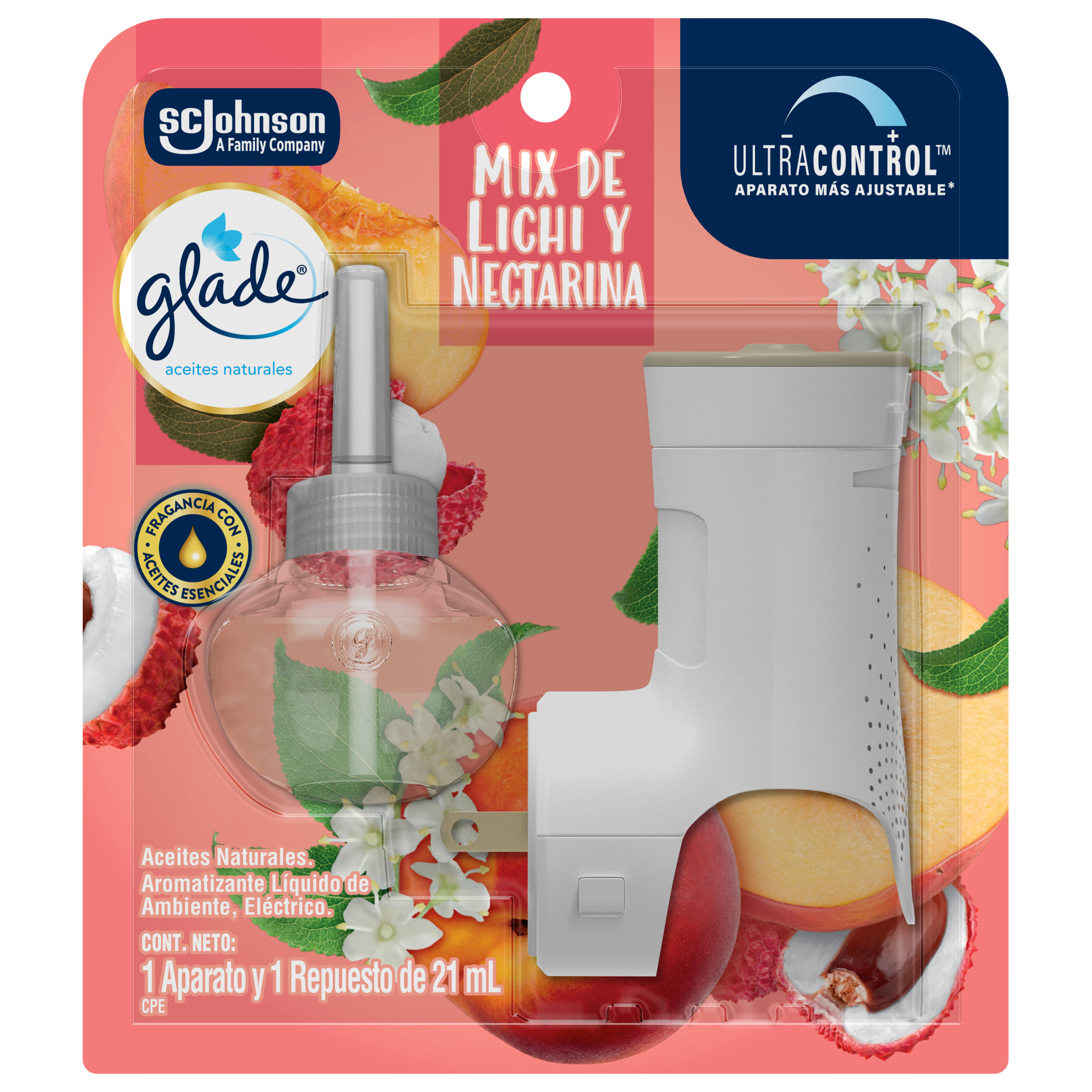 Glade Aromatizante Aceites Naturales Líquido Eléctrico Mix de lichi y nectarina Aparato y 1 Repuesto 21 ml c/u