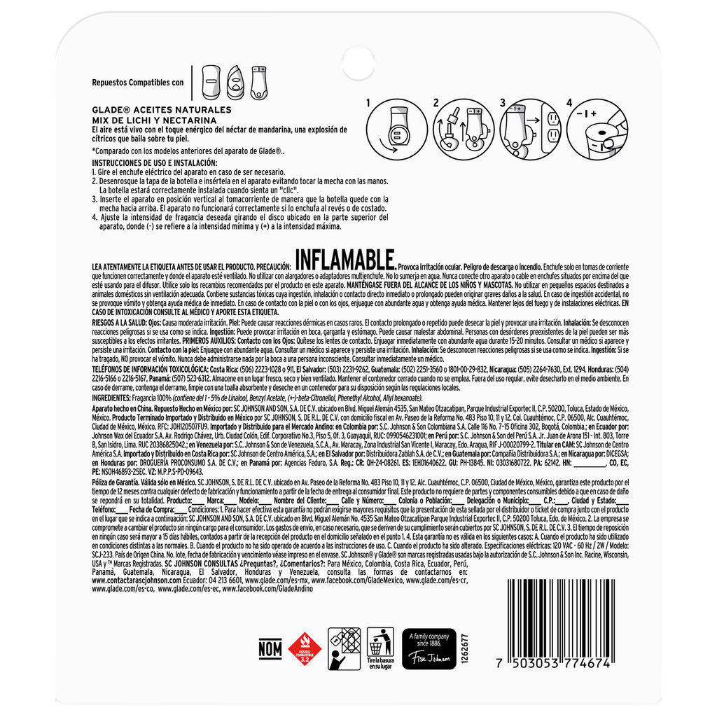Glade Aromatizante Aceites Naturales Líquido Eléctrico Mix de lichi y nectarina Aparato y 1 Repuesto 21 ml c/u