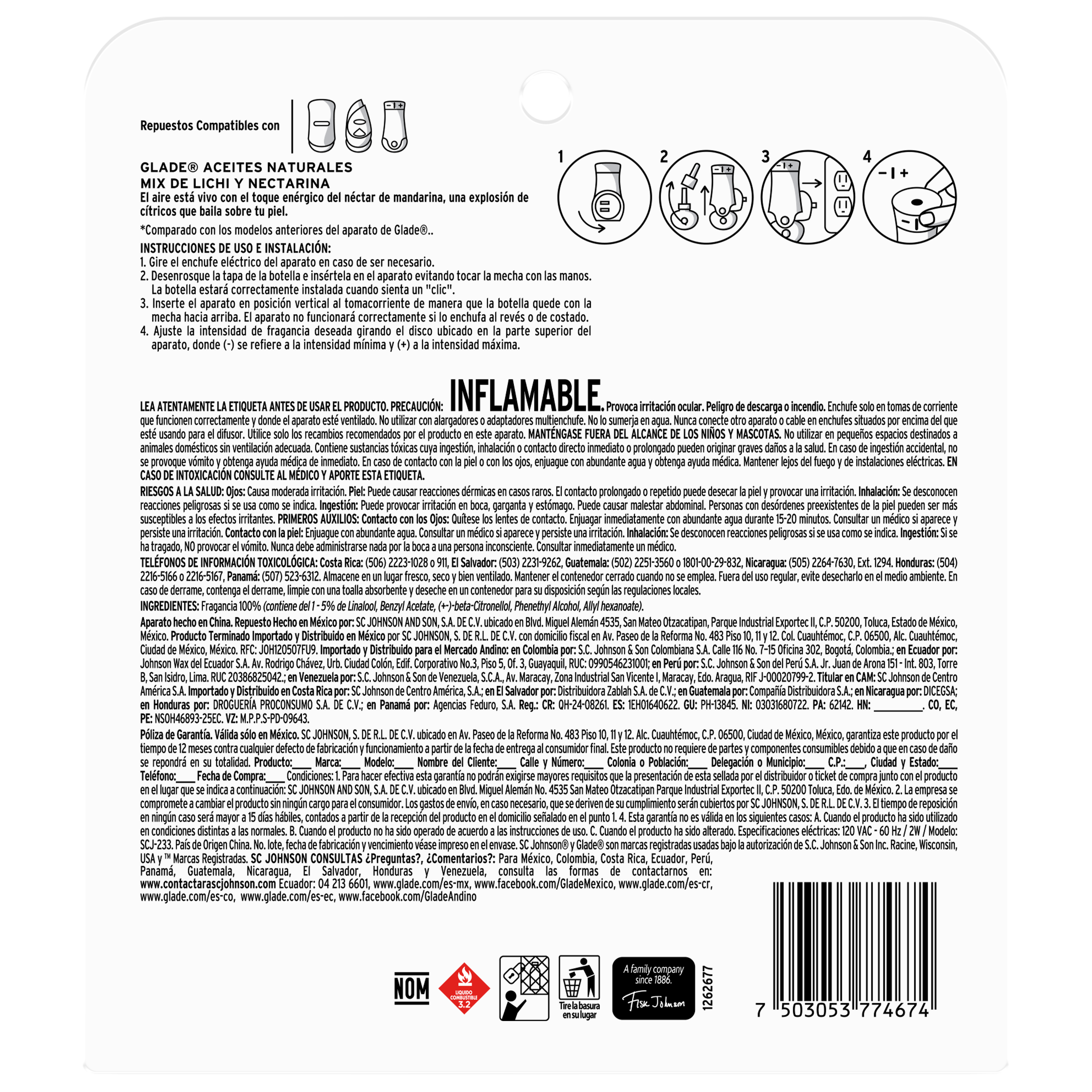 Glade Aromatizante Aceites Naturales Líquido Eléctrico Mix de lichi y nectarina Aparato y 1 Repuesto 21 ml c/u