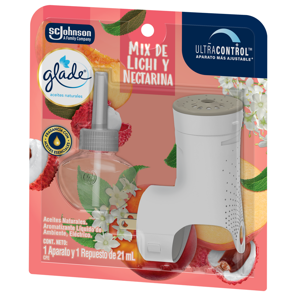 Glade Aromatizante Aceites Naturales Líquido Eléctrico Mix de lichi y nectarina Aparato y 1 Repuesto 21 ml c/u