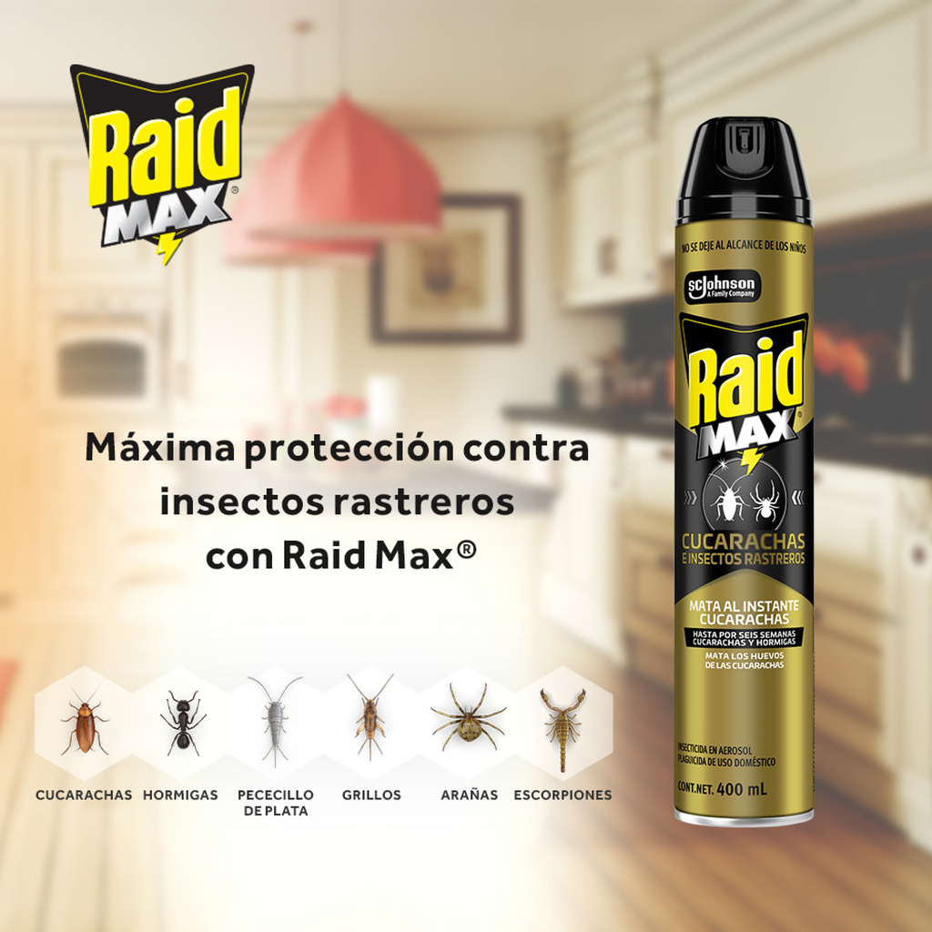 Raid Max® Insecticida en Aerosol, Mata Cucarachas e Insectos Rastreros, Plaguicida de Uso Domestico, 400 mL