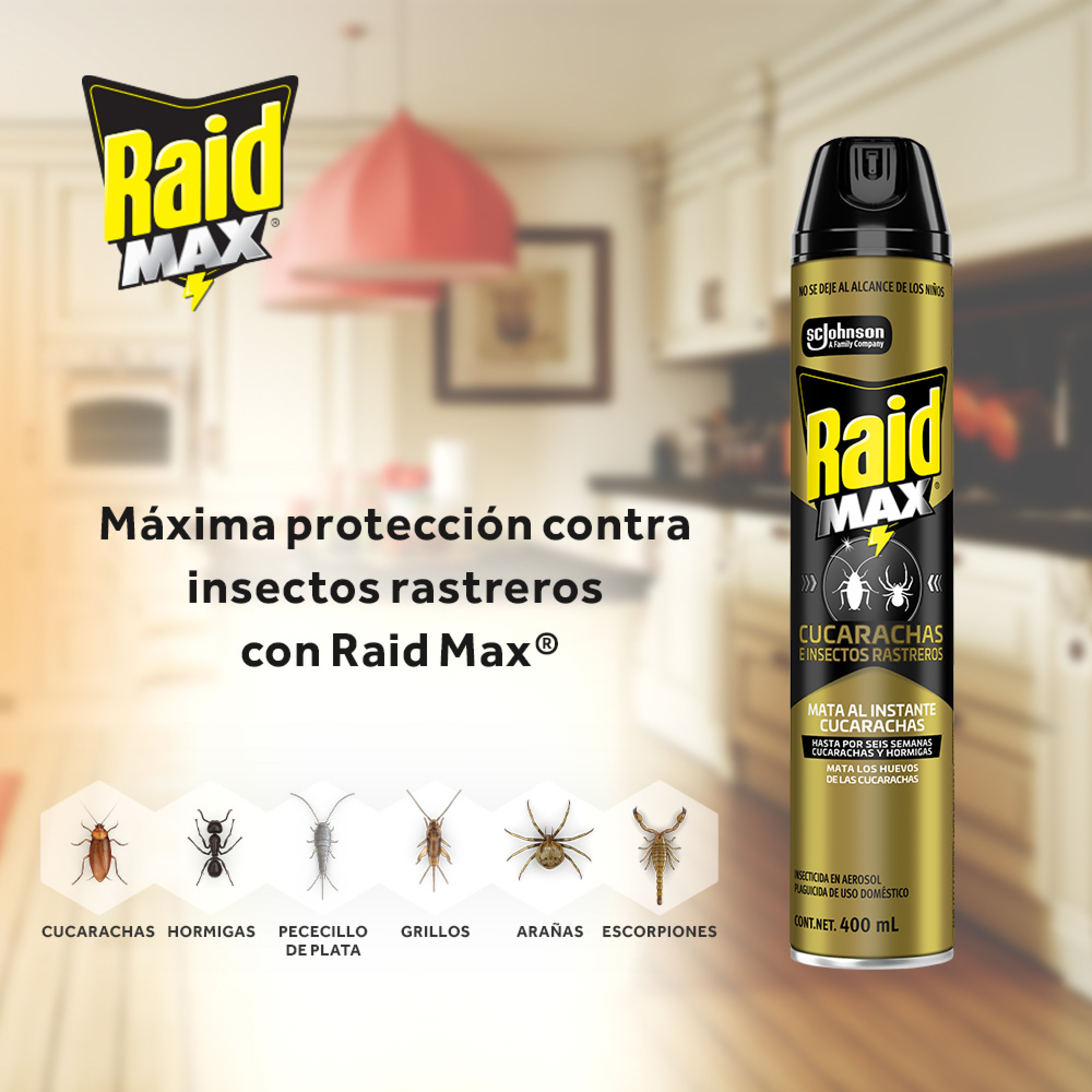 Raid Max® Insecticida en Aerosol, Mata Cucarachas e Insectos Rastreros, Plaguicida de Uso Domestico, 400 mL