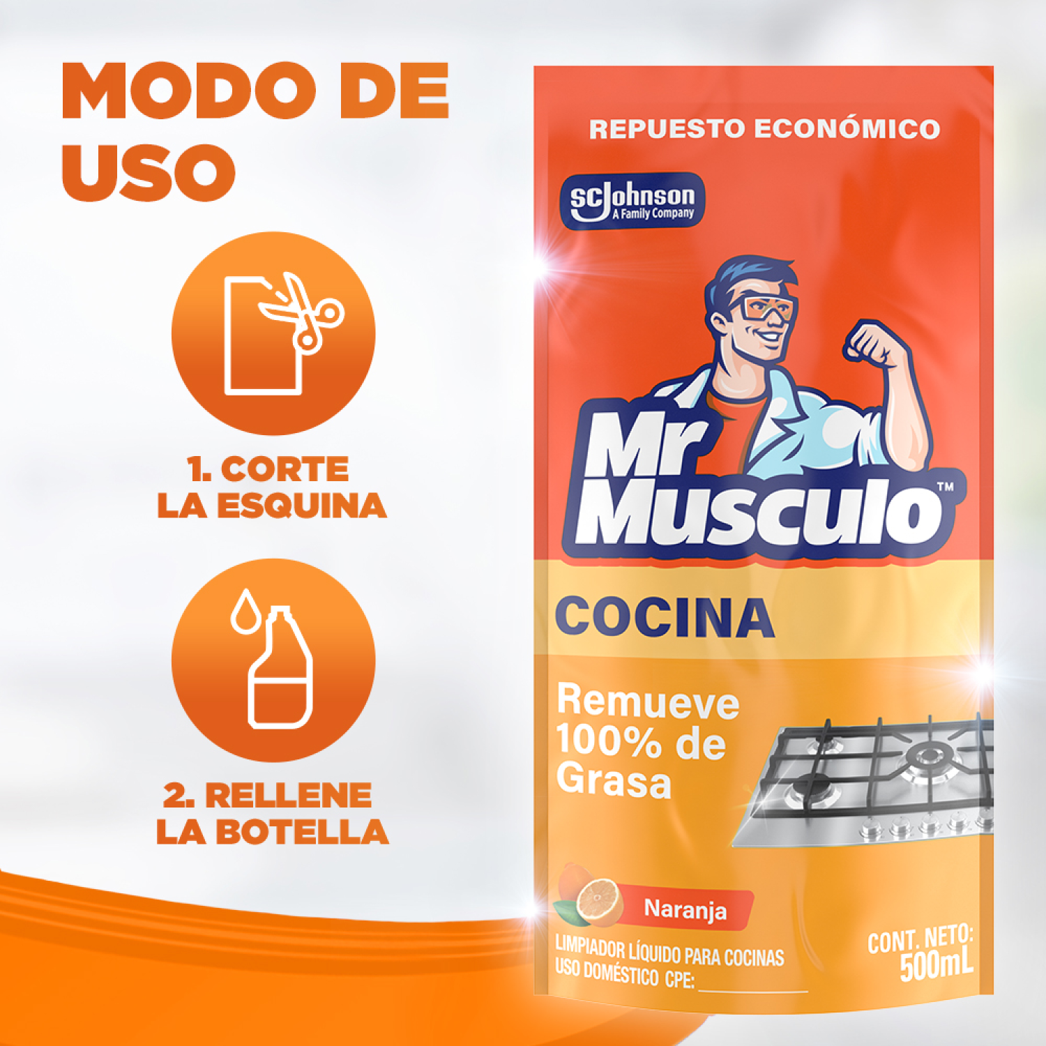 Mr. Músculo Desengrasante, Naranja, Repuesto 500mL