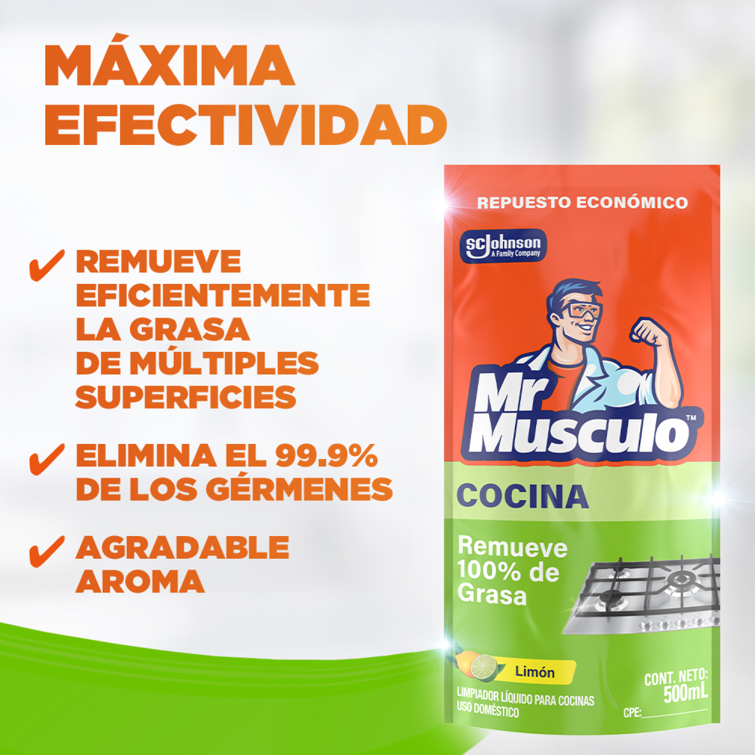 Mr. Músculo Desengrasante, Limón, Repuesto 500mL