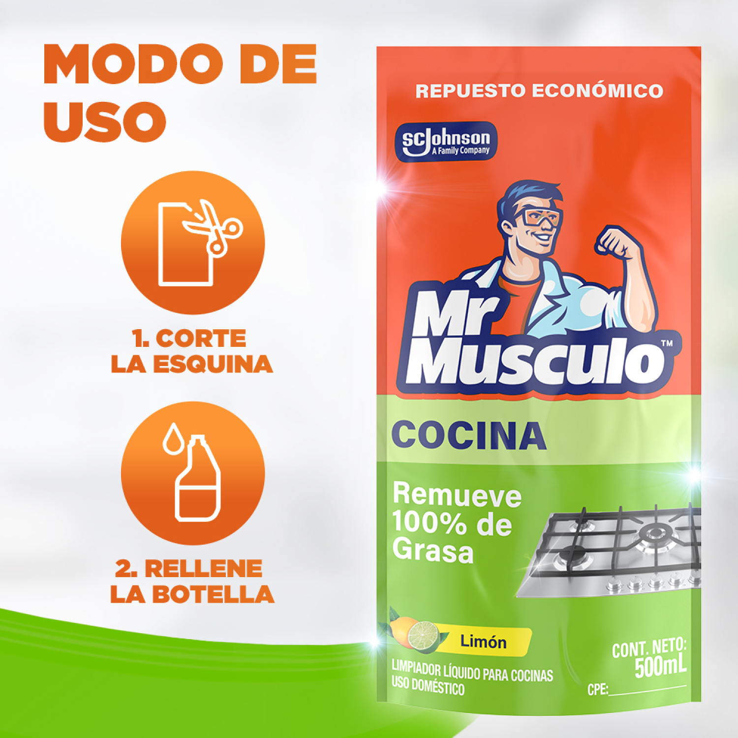 Mr. Músculo Desengrasante, Limón, Repuesto 500mL