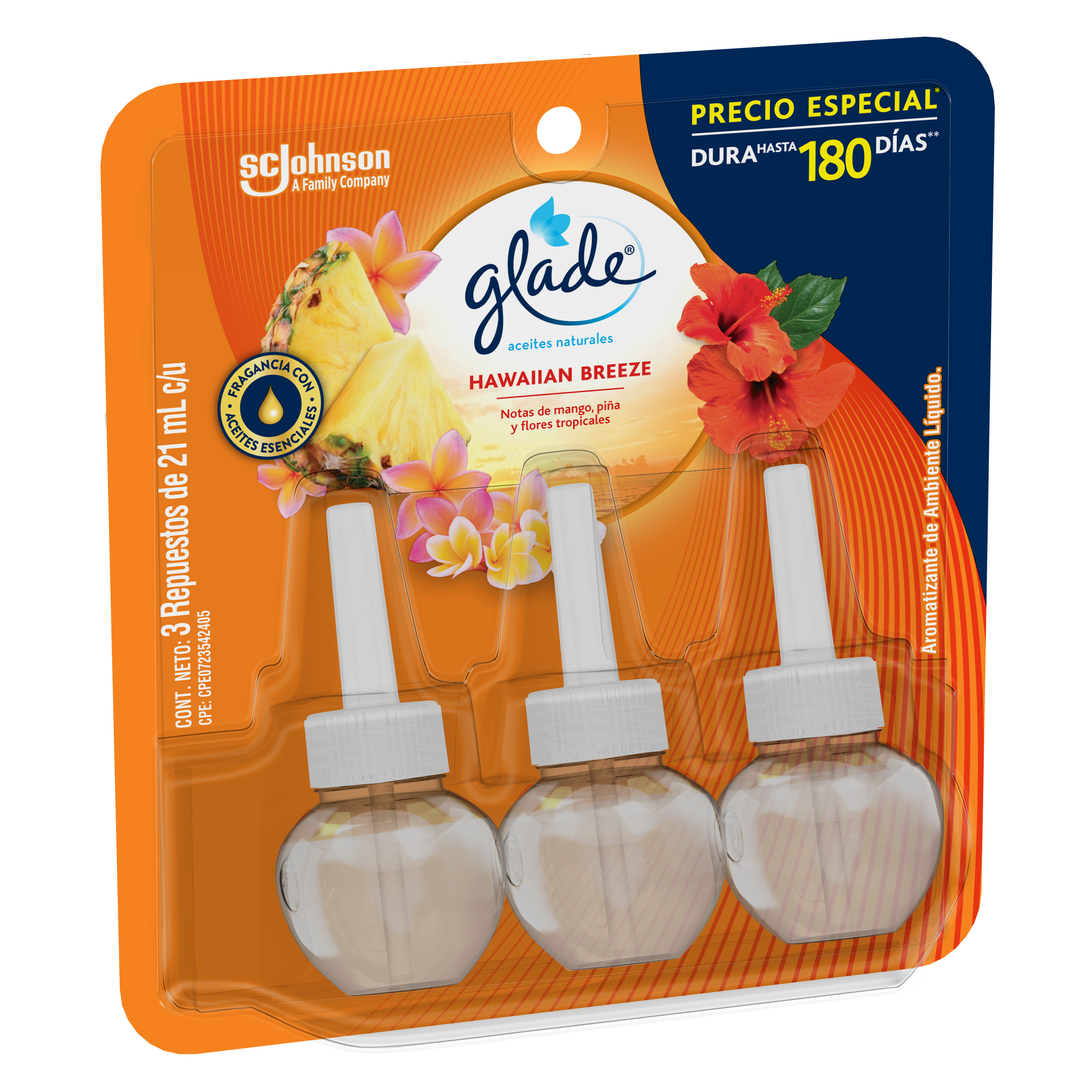 Glade Aceites Naturales 3 Repuestos Hawaiian Breeze 63 mL