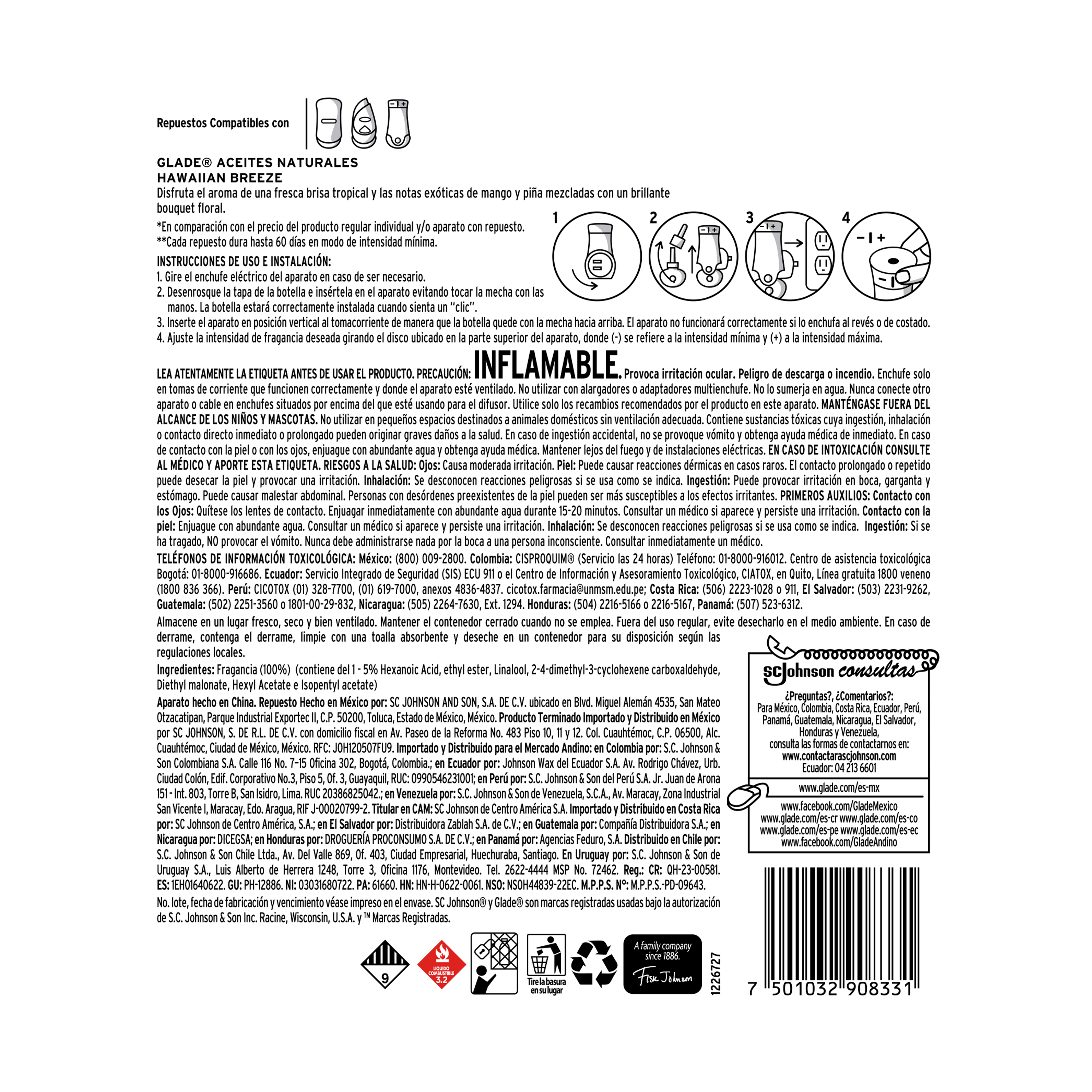 Glade Aceites Naturales 3 Repuestos Hawaiian Breeze 63 mL