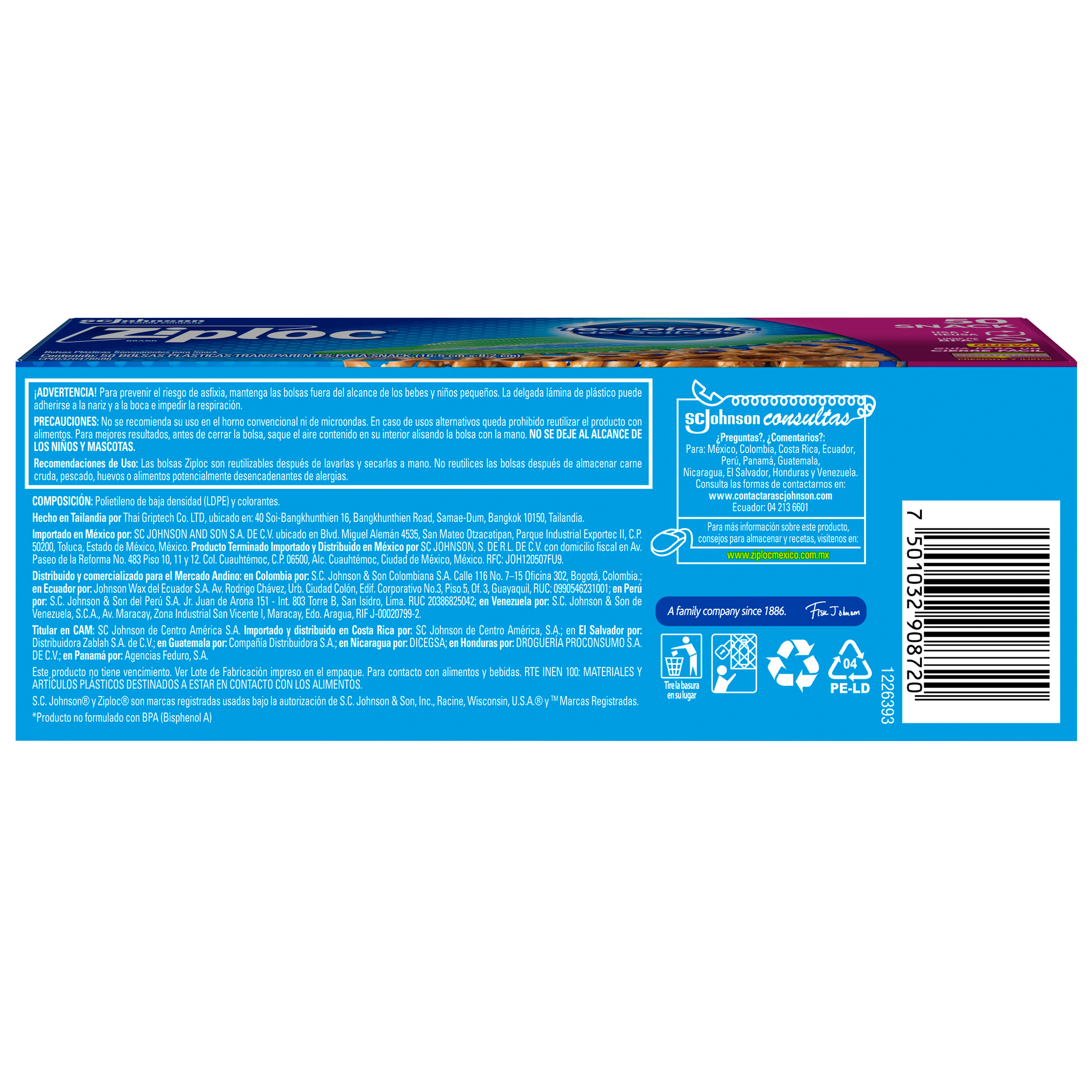 Ziploc Bolsa Reutilizable para Snack 50 piezas