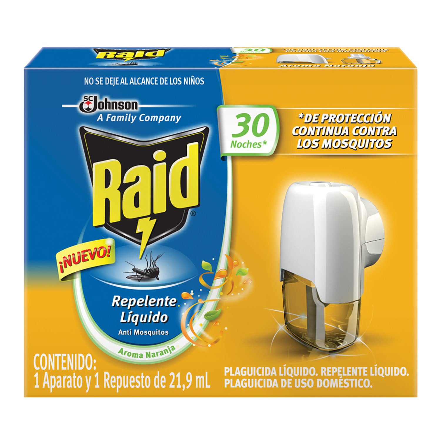Raid Repelente Líquido Aparato 30 Noches, con aroma Naranja