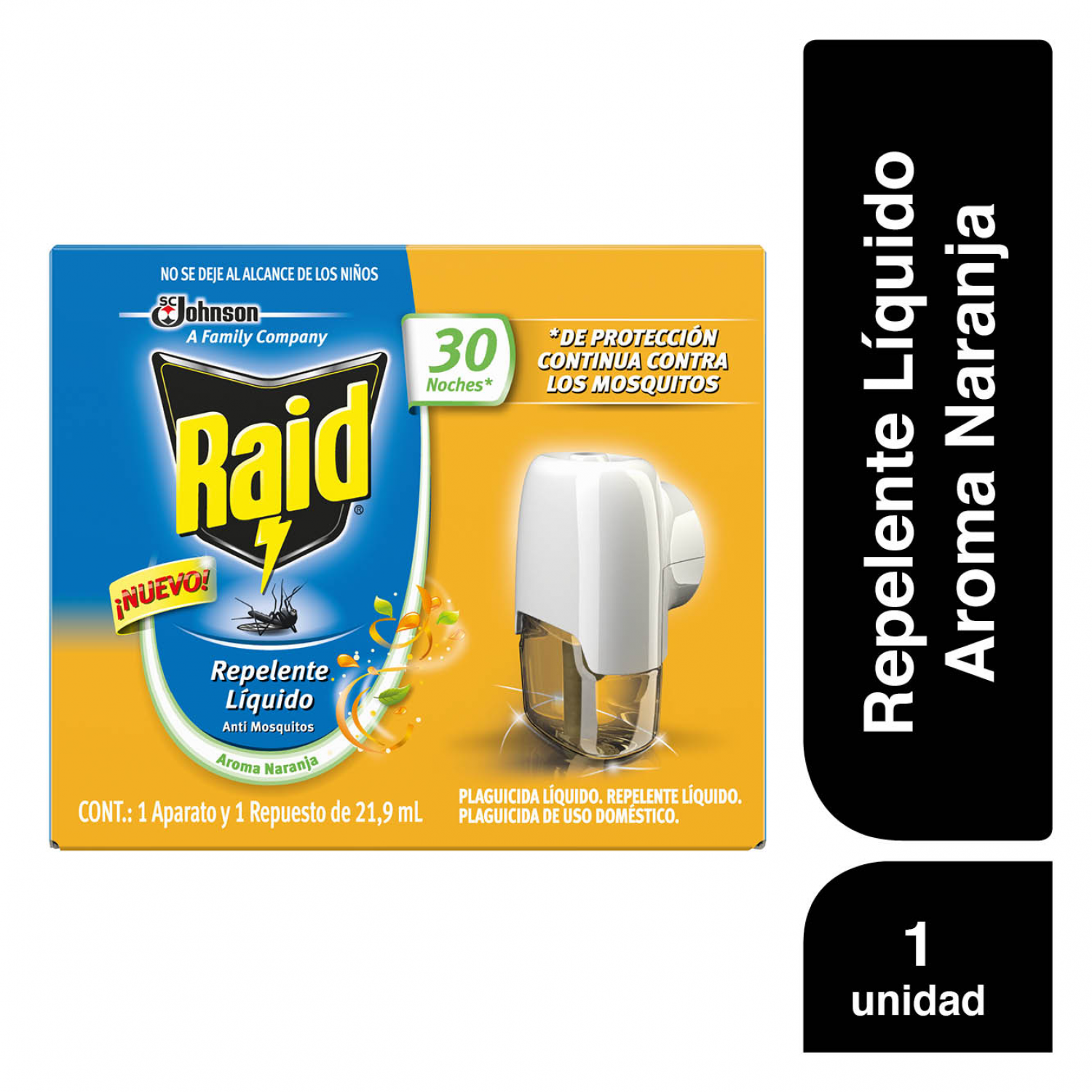 Raid Repelente Líquido Aparato 30 Noches, con aroma Naranja