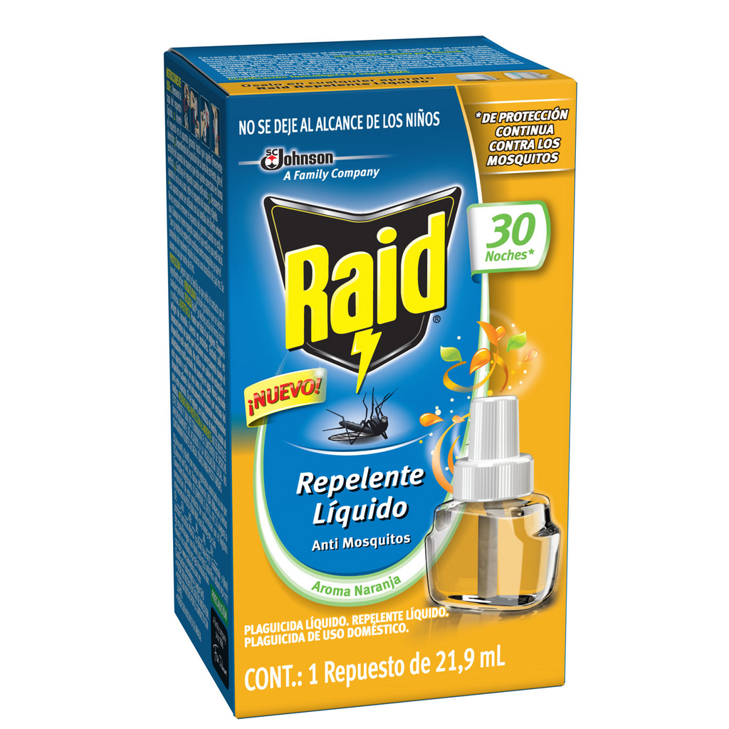 Raid Repelente Líquido Repuesto 30 Noches, con aroma naranja