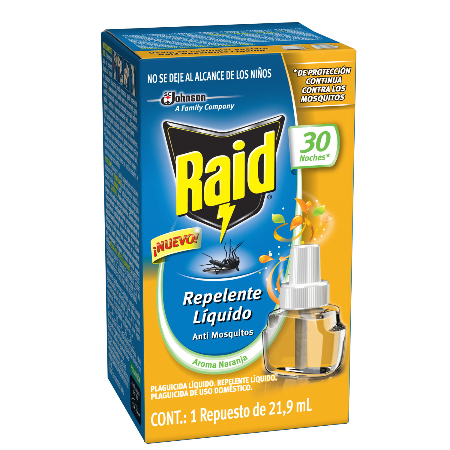 Raid Repelente Líquido Repuesto 30 Noches, con aroma naranja