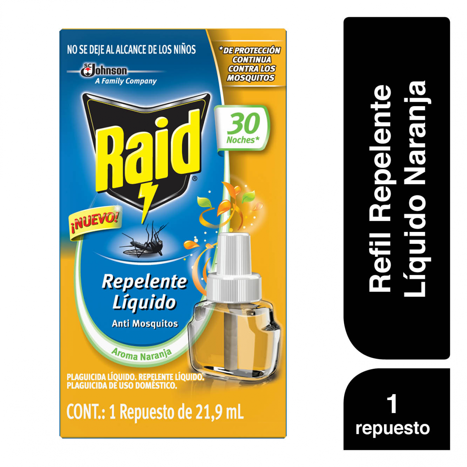 Raid Repelente Líquido Repuesto 30 Noches, con aroma naranja