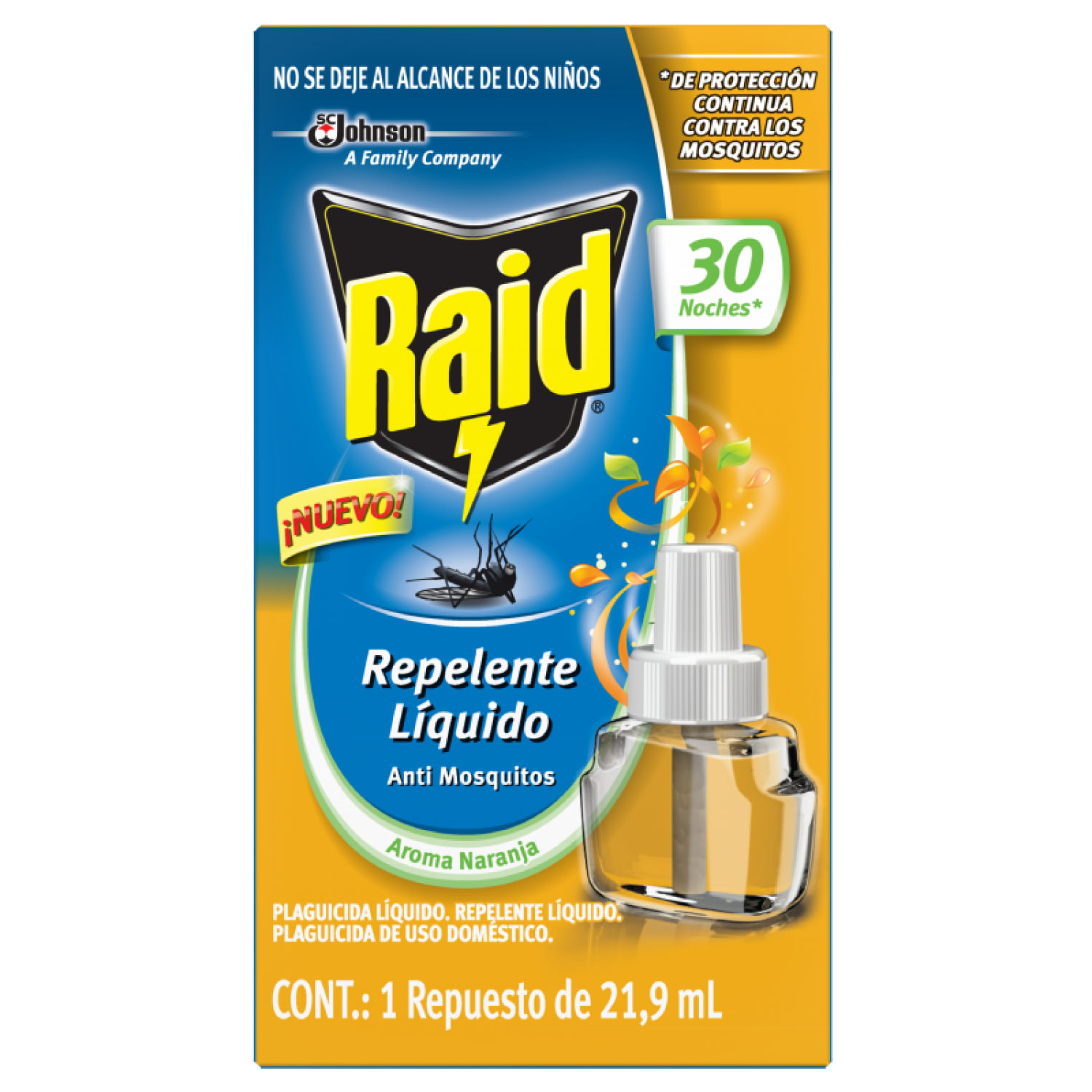 Raid Repelente Líquido Repuesto 30 Noches, con aroma naranja