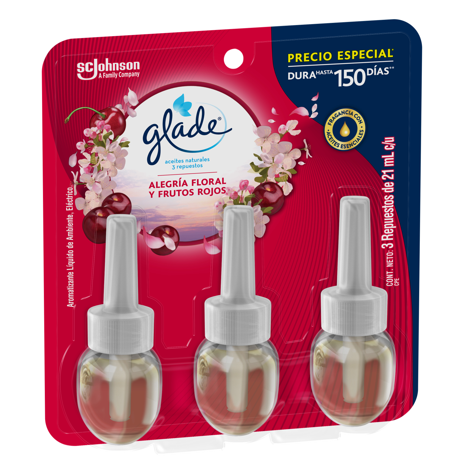Glade Aromatizante Aceites Naturales Repuesto x3 Alegría Floral y frutos Rojos 21 mL