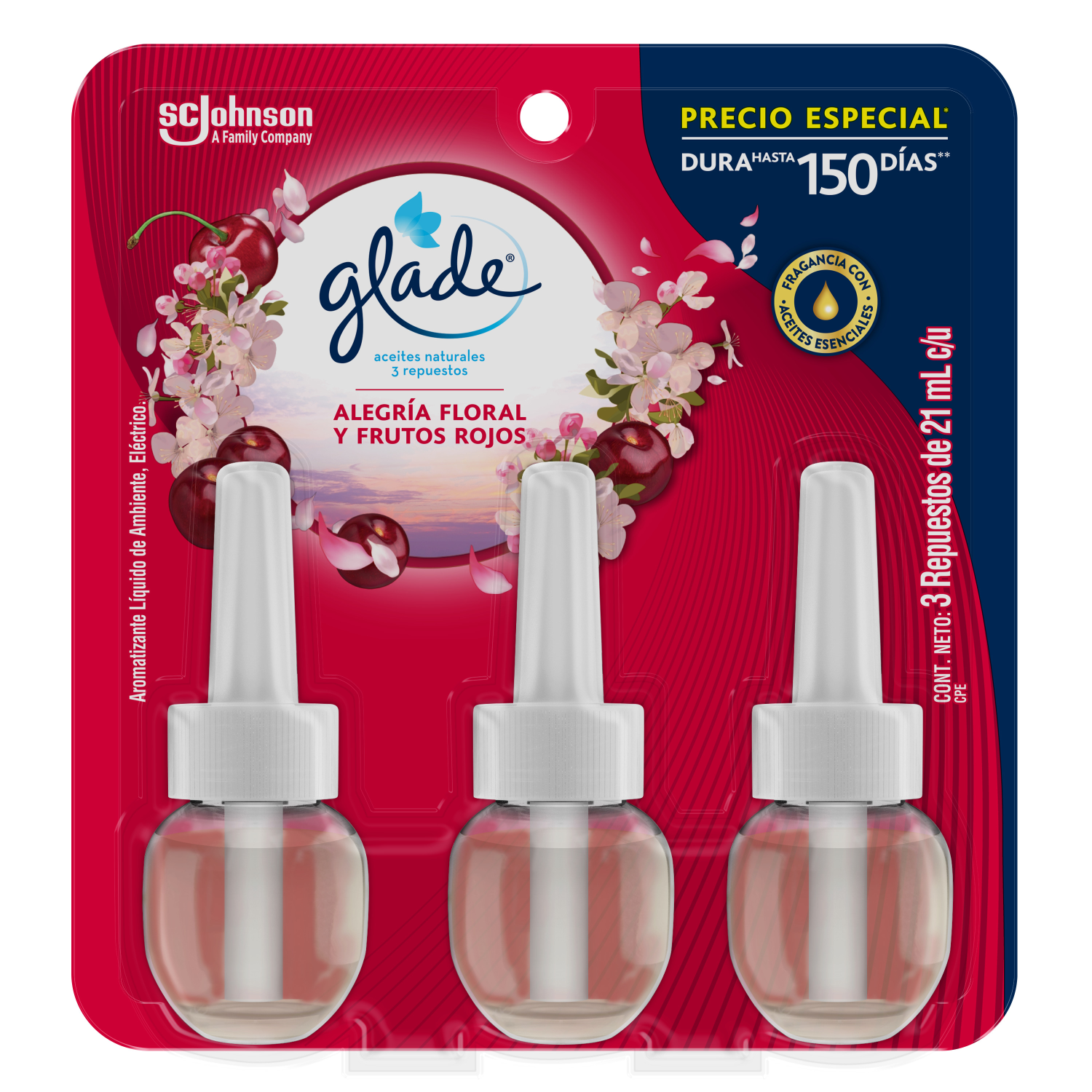 Glade Aromatizante Aceites Naturales Repuesto x3 Alegría Floral y frutos Rojos 21 mL