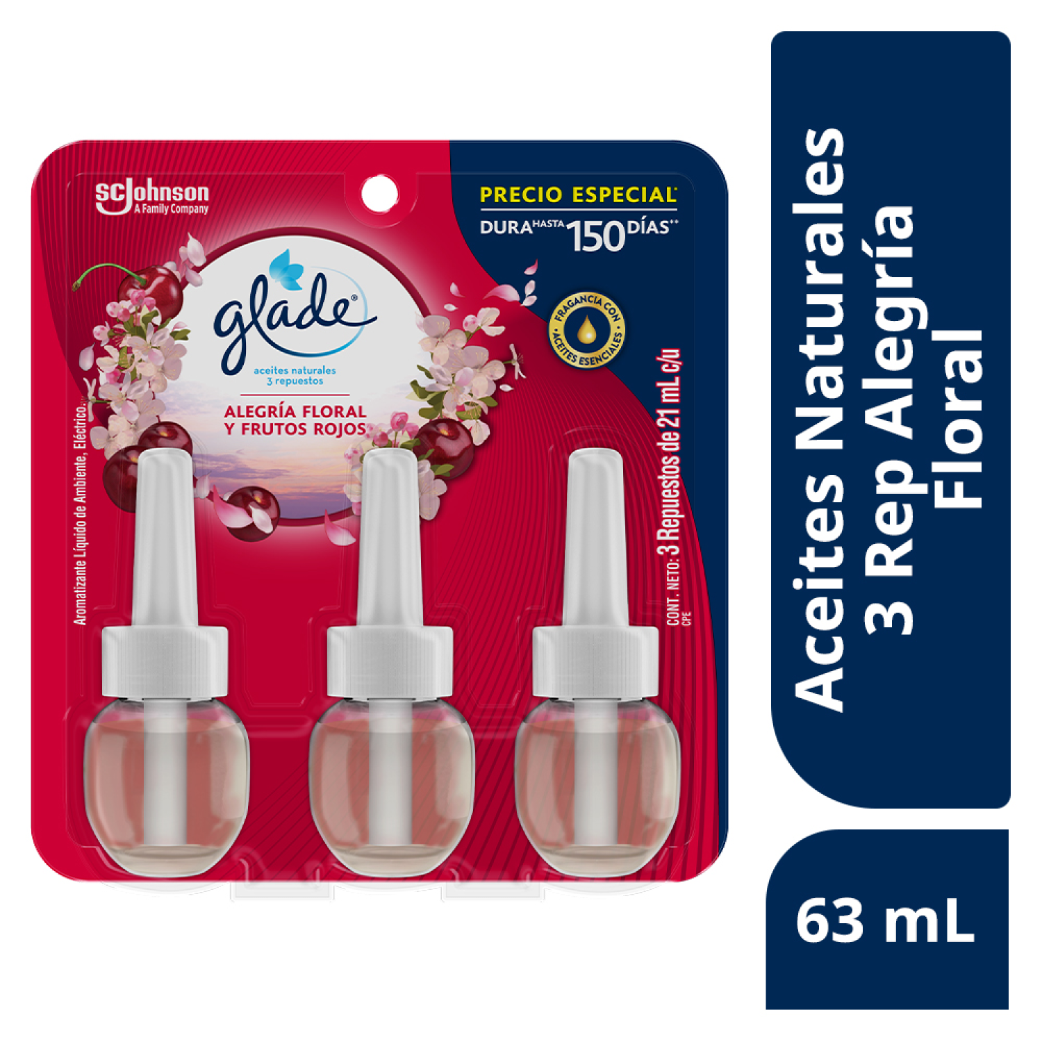 Glade Aromatizante Aceites Naturales Repuesto x3 Alegría Floral y frutos Rojos 21 mL
