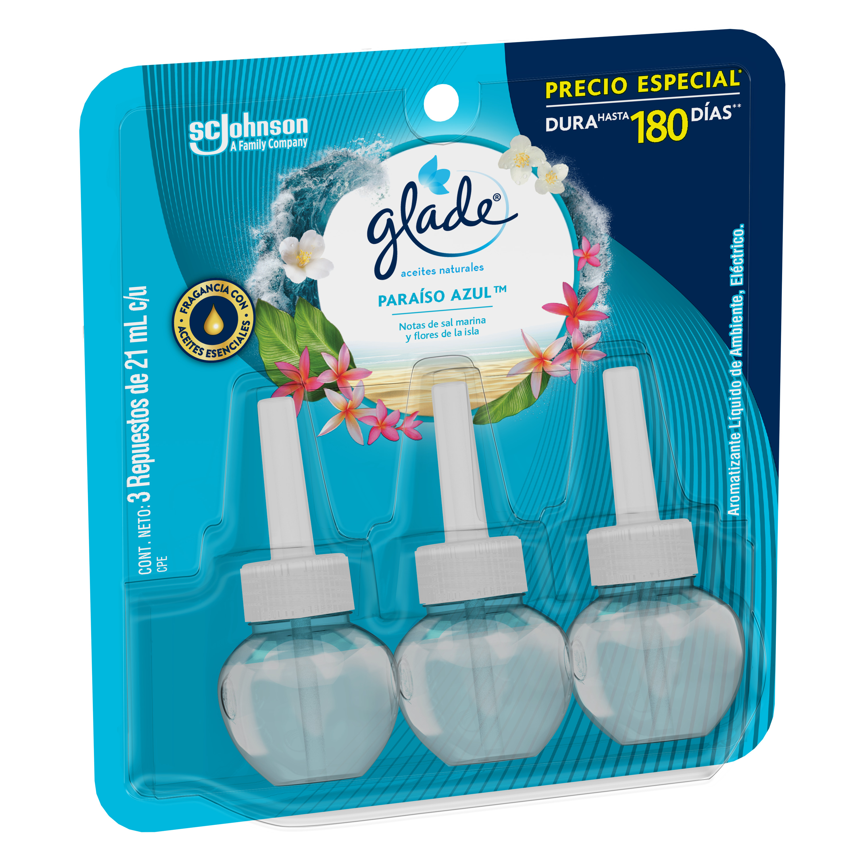 Glade Aceites Naturales 3 Repuestos Paraíso Azul 63 mL