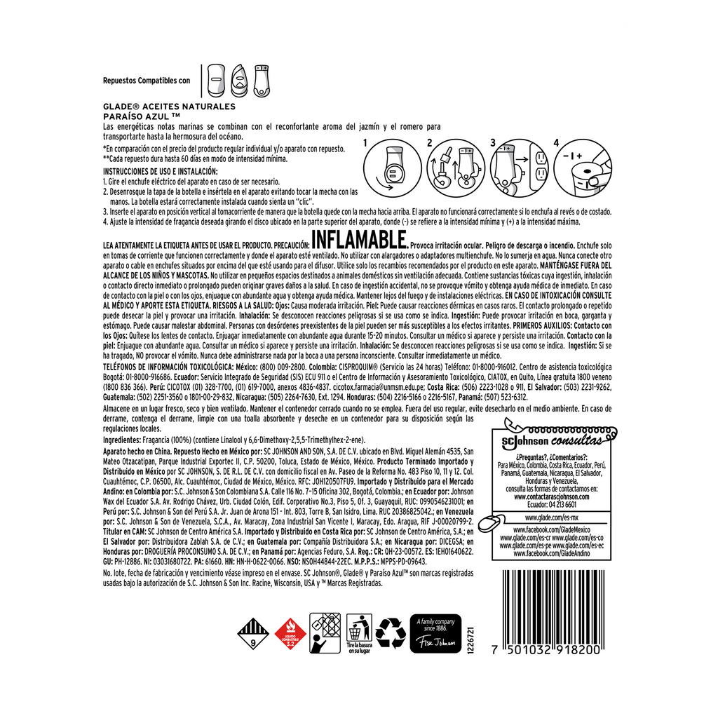 Glade Aceites Naturales 3 Repuestos Paraíso Azul 63 mL