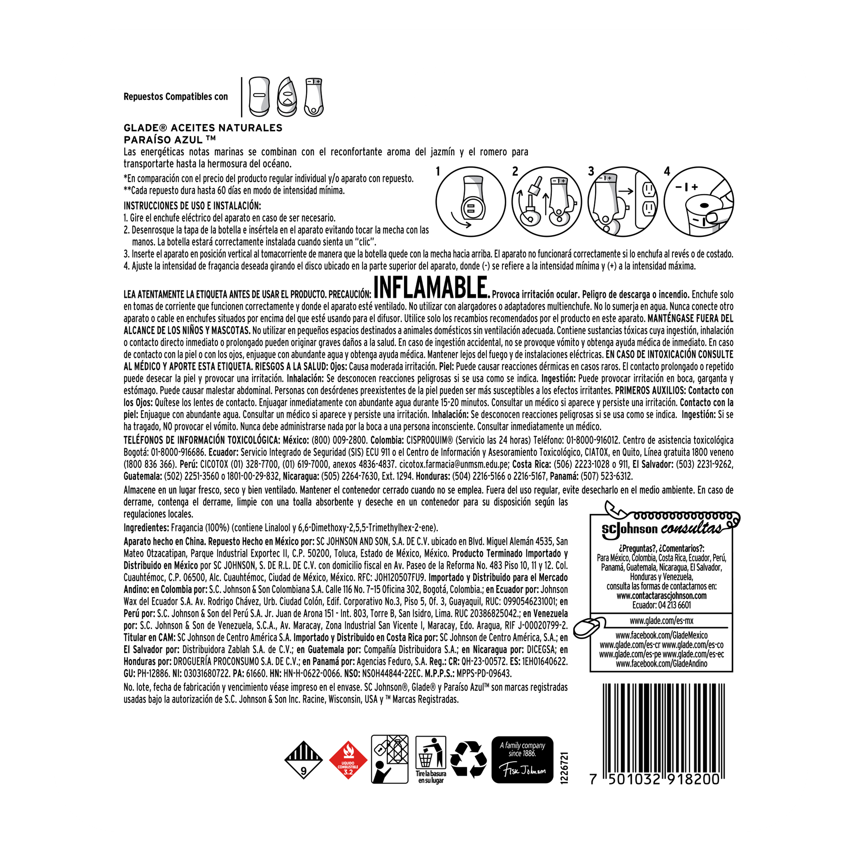 Glade Aceites Naturales 3 Repuestos Paraíso Azul 63 mL