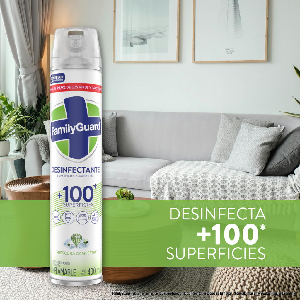 FamilyGuard Desinfectante y Eliminador de Olores en Aerosol Frescura Campestre 400 ml