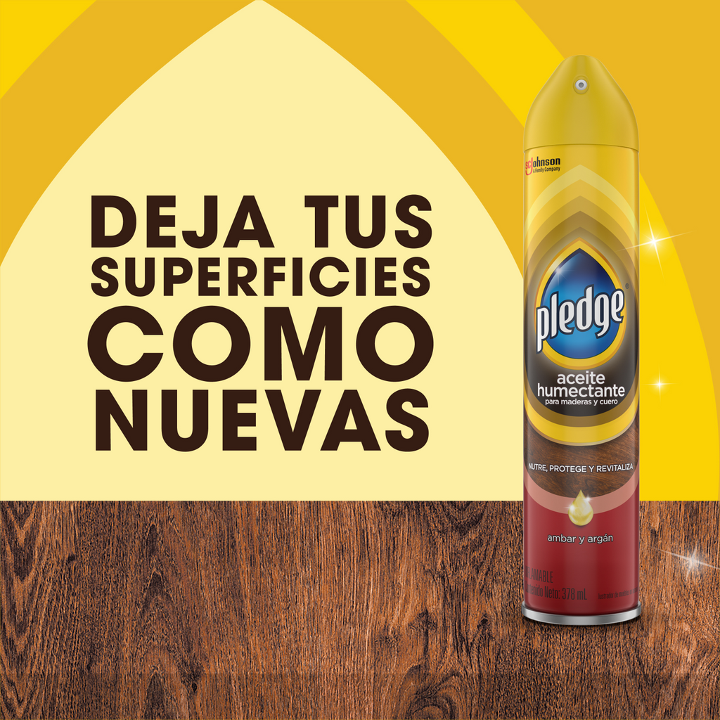 Pledge Lustrador Renovador de Muebles de Madera y Cuero en Aerosol Ámbar y Argán 378 mL