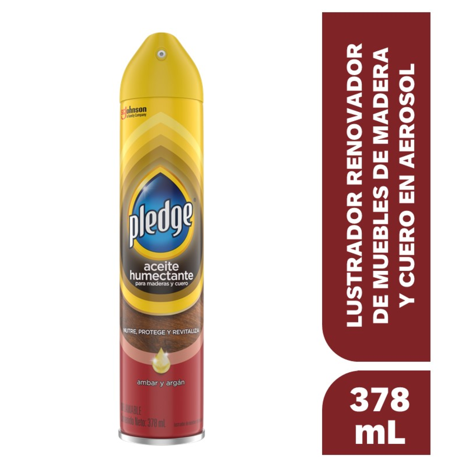 Pledge Lustrador Renovador de Muebles de Madera y Cuero en Aerosol Ámbar y Argán 378 mL