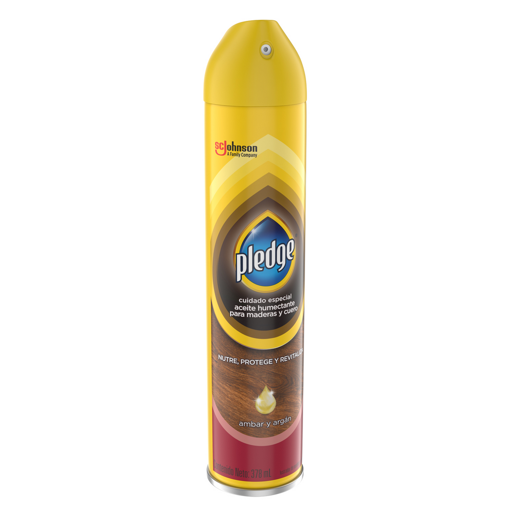 Pledge Lustrador Renovador de Muebles de Madera y Cuero en Aerosol Ámbar y Argán 378 mL