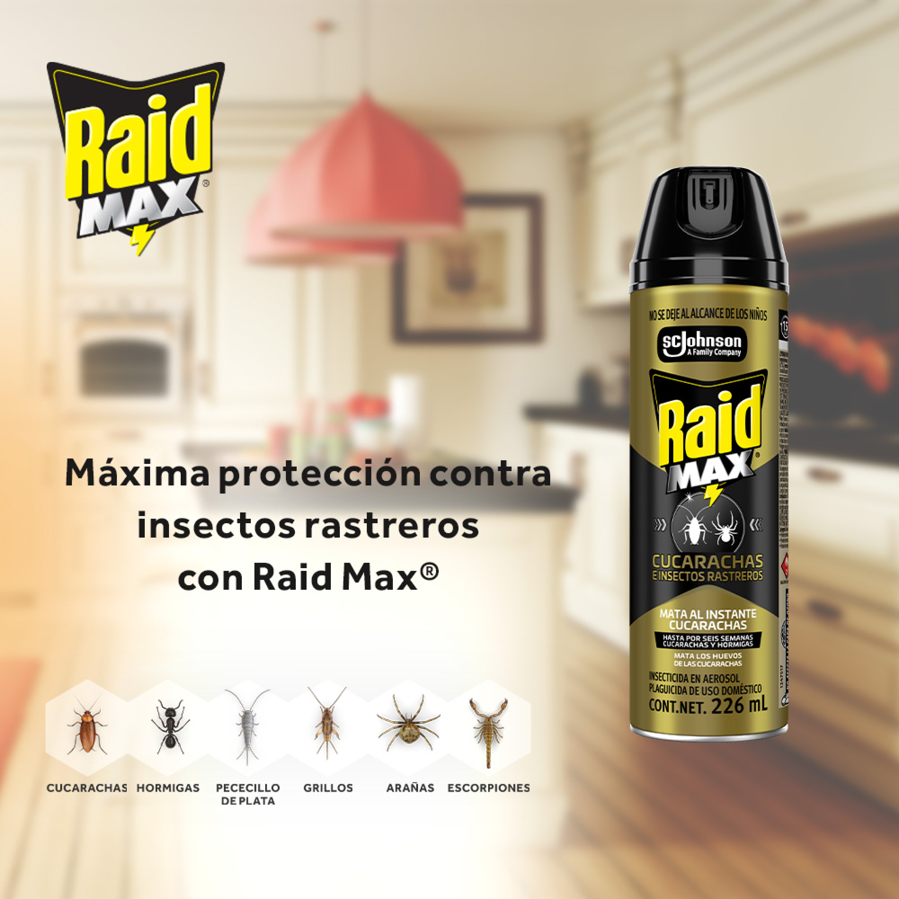 Raid Max® Insecticida en Aerosol, Mata Cucarachas e Insectos Rastreros, Plaguicida de Uso Domestico, 226 mL