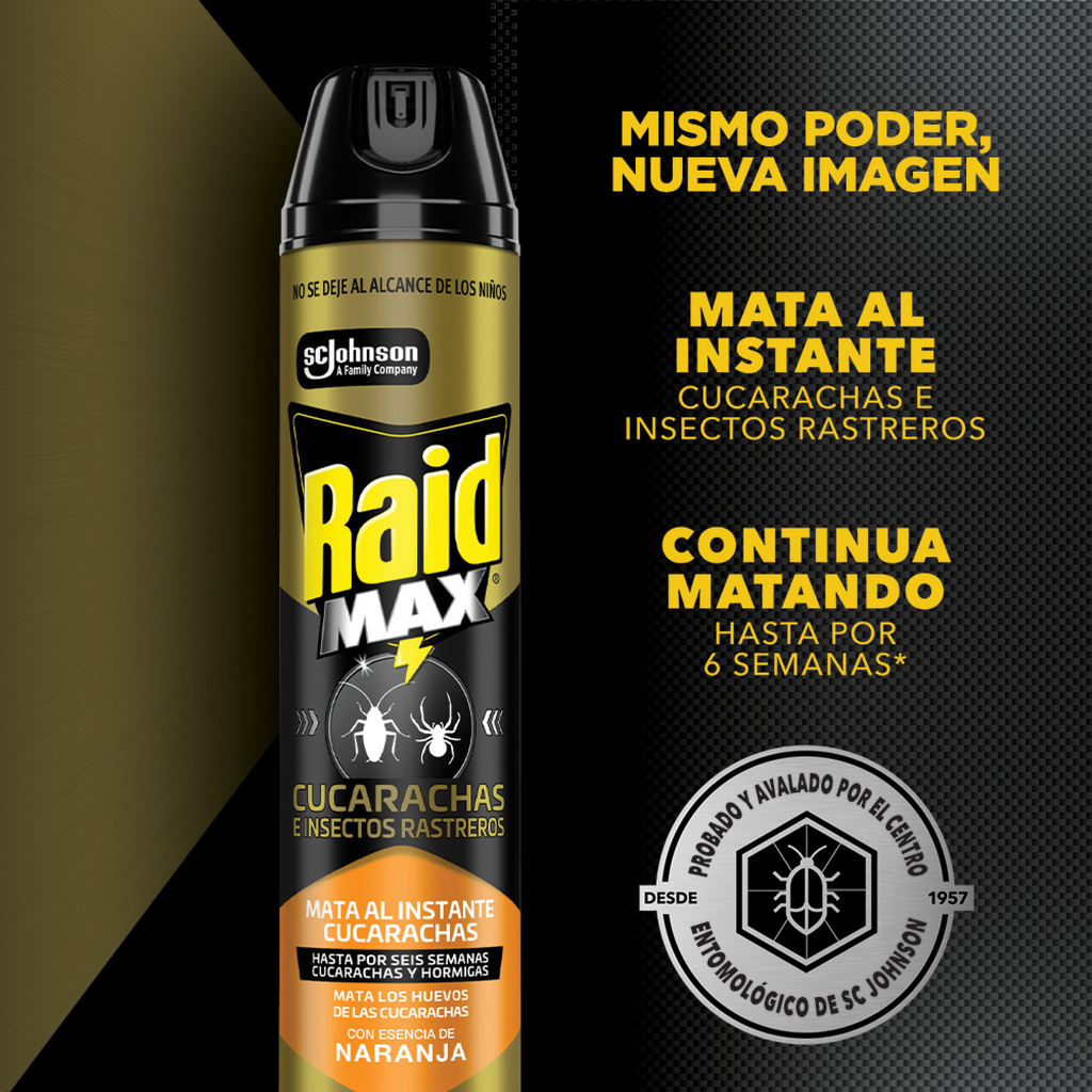 Raid Max® Insecticida en Aerosol, Mata Cucarachas e Insectos Rastreros, Plaguicida de Uso Domestico, Aroma Naranja, 400 mL