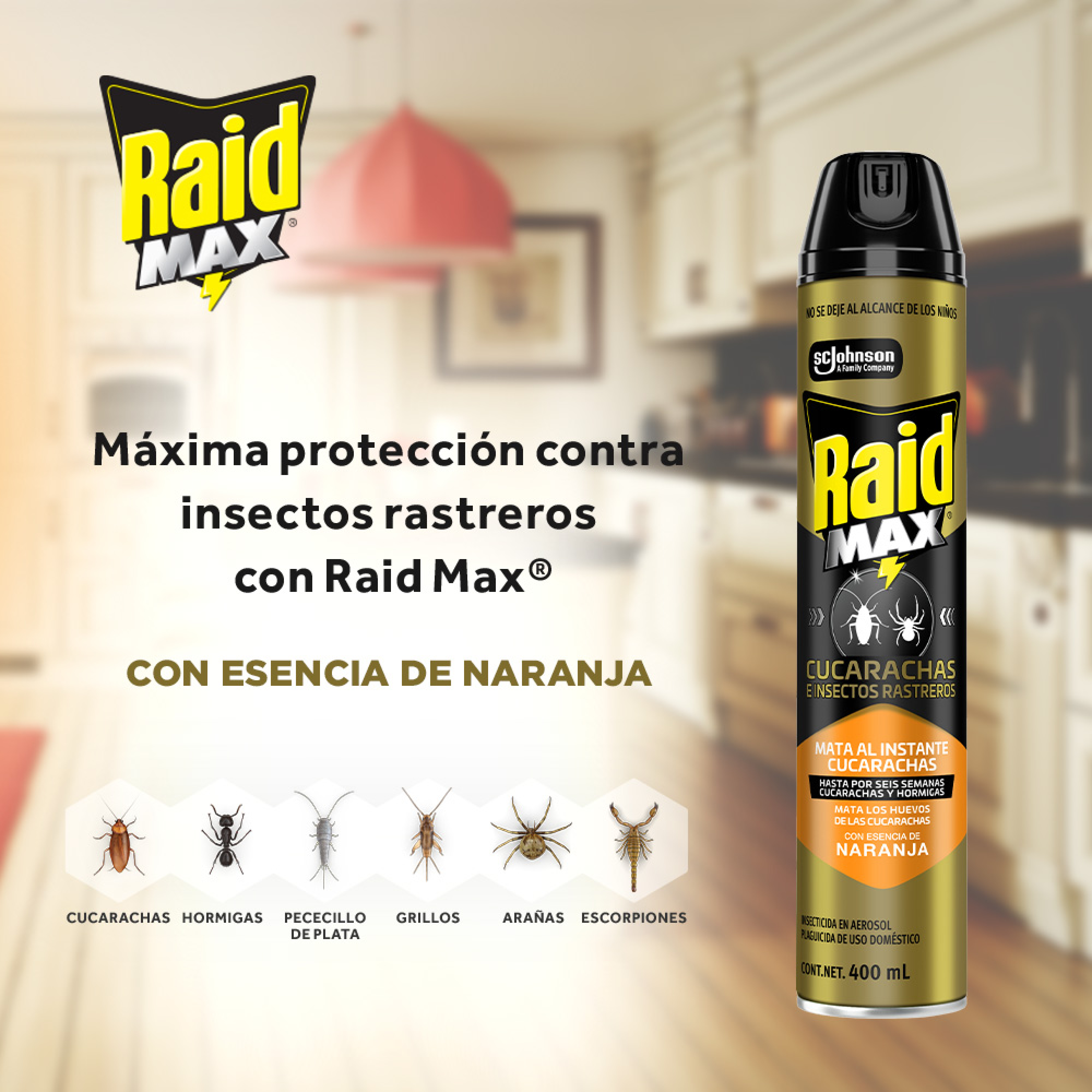 Raid Max® Insecticida en Aerosol, Mata Cucarachas e Insectos Rastreros, Plaguicida de Uso Domestico, Aroma Naranja, 400 mL