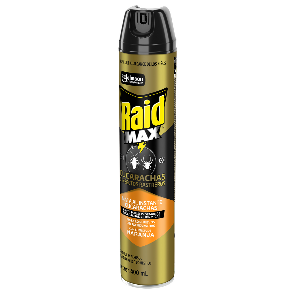 Raid Max® Insecticida en Aerosol, Mata Cucarachas e Insectos Rastreros, Plaguicida de Uso Domestico, Aroma Naranja, 400 mL