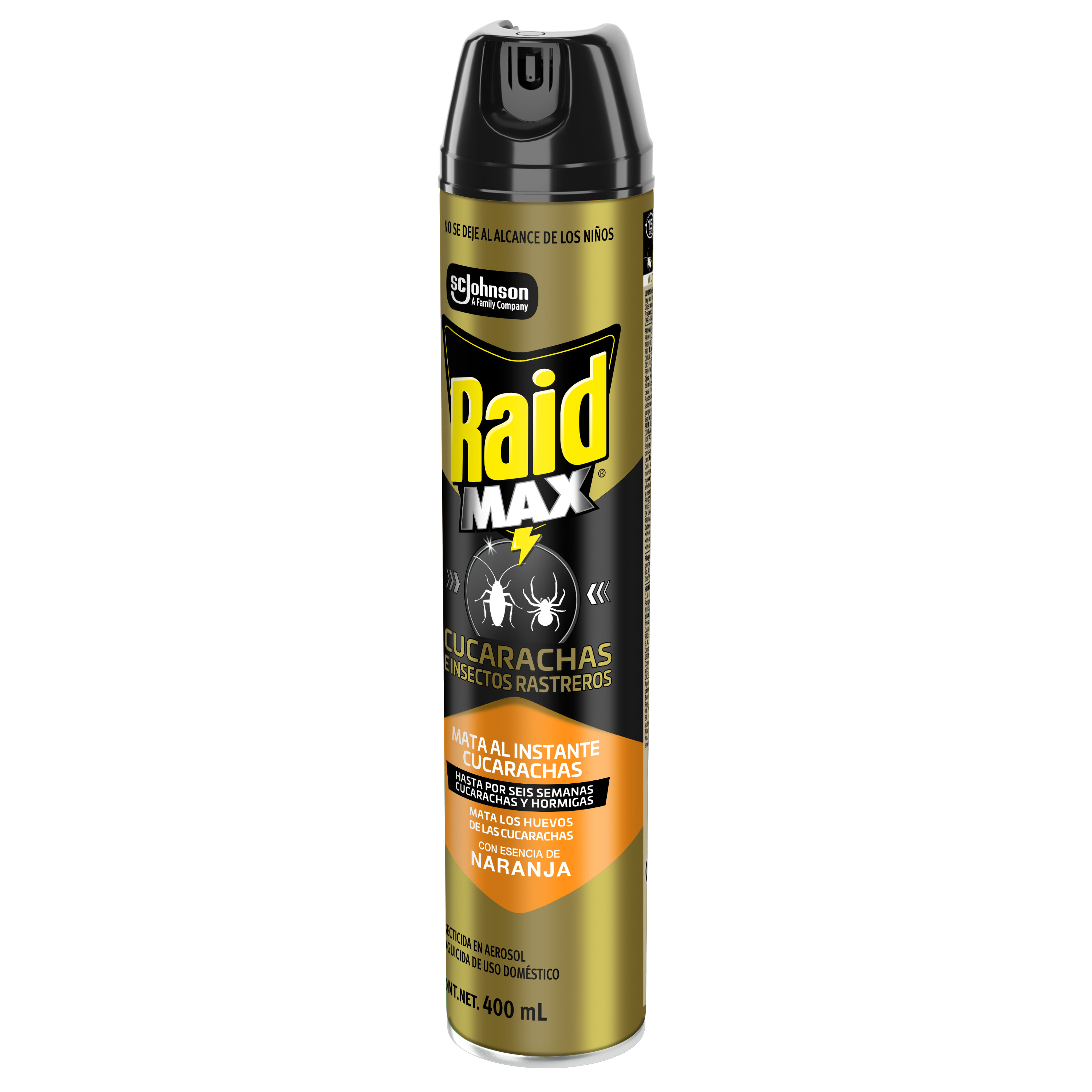 Raid Max® Insecticida en Aerosol, Mata Cucarachas e Insectos Rastreros, Plaguicida de Uso Domestico, Aroma Naranja, 400 mL