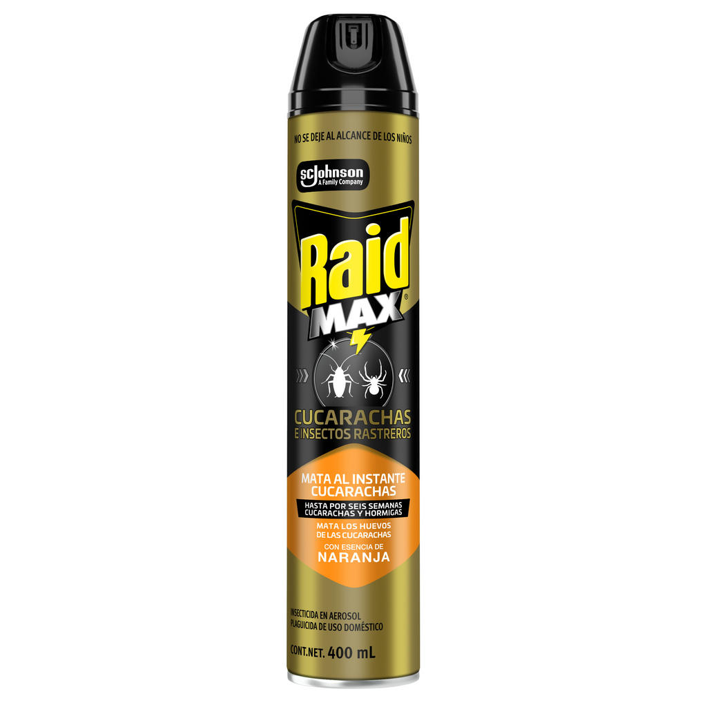 Raid Max® Insecticida en Aerosol, Mata Cucarachas e Insectos Rastreros, Plaguicida de Uso Domestico, Aroma Naranja, 400 mL