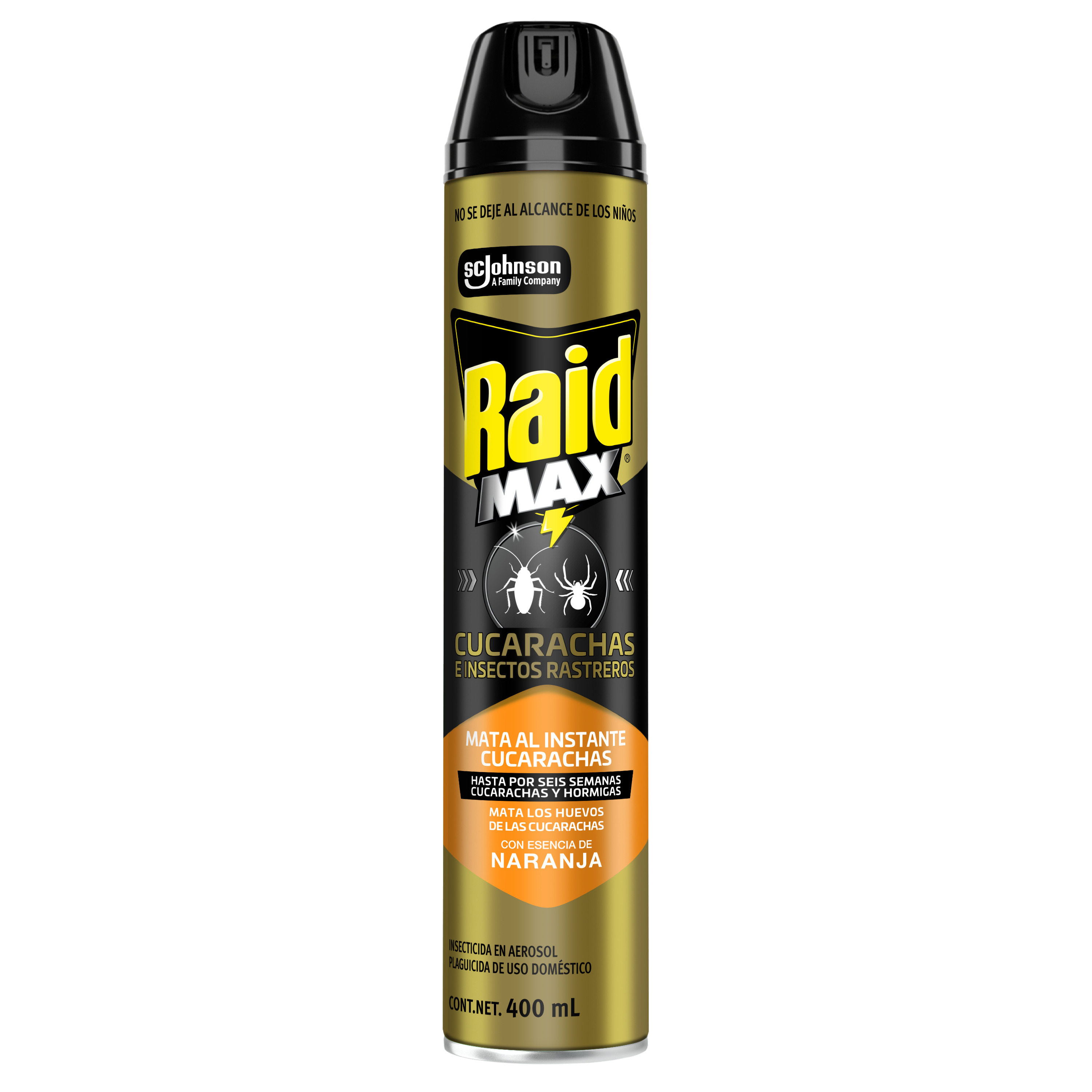 Raid Max® Insecticida en Aerosol, Mata Cucarachas e Insectos Rastreros, Plaguicida de Uso Domestico, Aroma Naranja, 400 mL