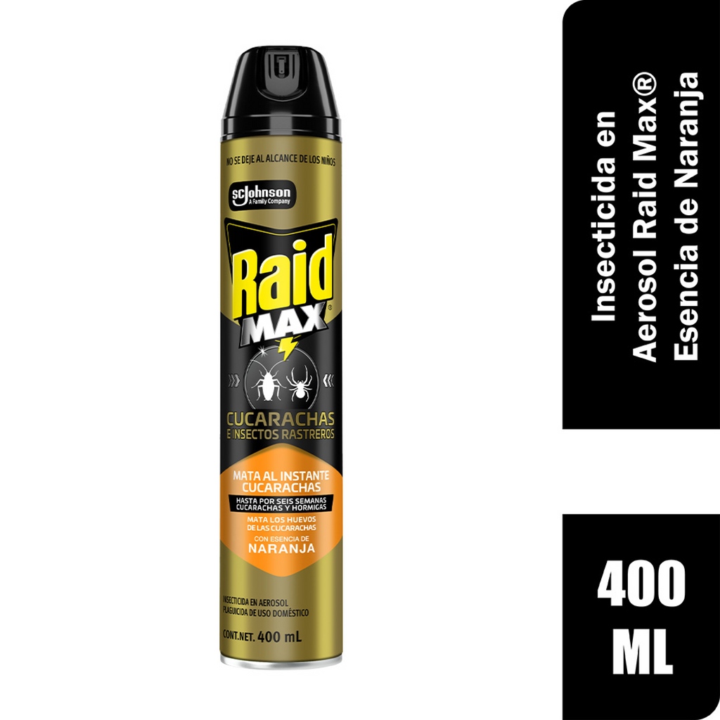 Raid Max® Insecticida en Aerosol, Mata Cucarachas e Insectos Rastreros, Plaguicida de Uso Domestico, Aroma Naranja, 400 mL