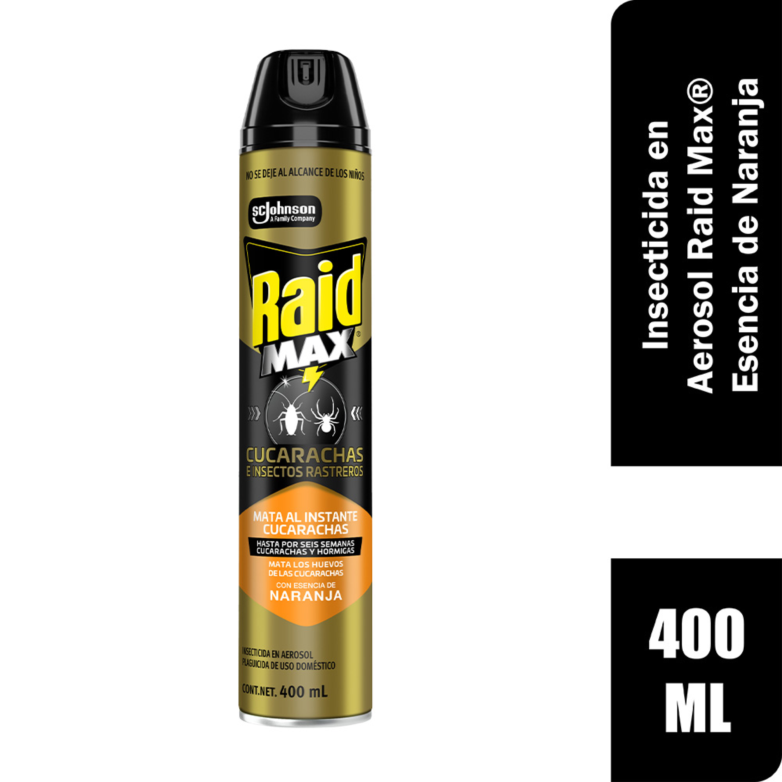 Raid Max® Insecticida en Aerosol, Mata Cucarachas e Insectos Rastreros, Plaguicida de Uso Domestico, Aroma Naranja, 400 mL