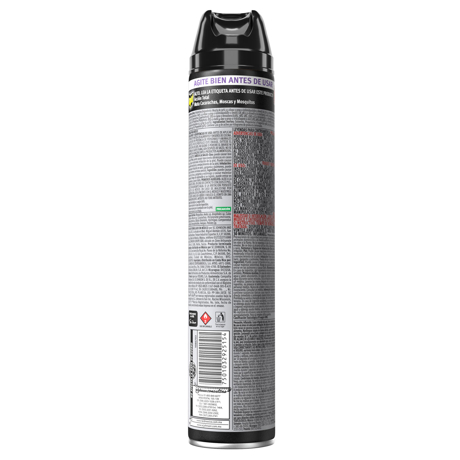 Raid Insecticida en Aerosol, Acción Total, Mata Cucarachas, Moscas, y Mosquitos, Aroma Lavanda, 400mL