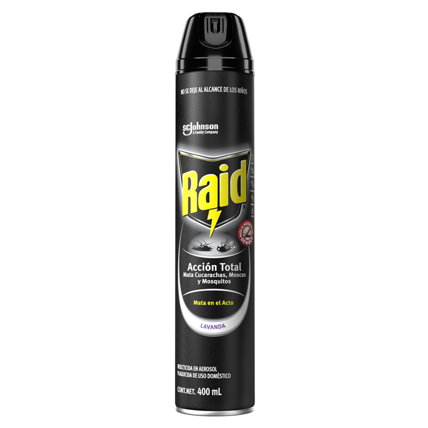 Raid Insecticida en Aerosol, Acción Total, Mata Cucarachas, Moscas, y Mosquitos, Aroma Lavanda, 400mL