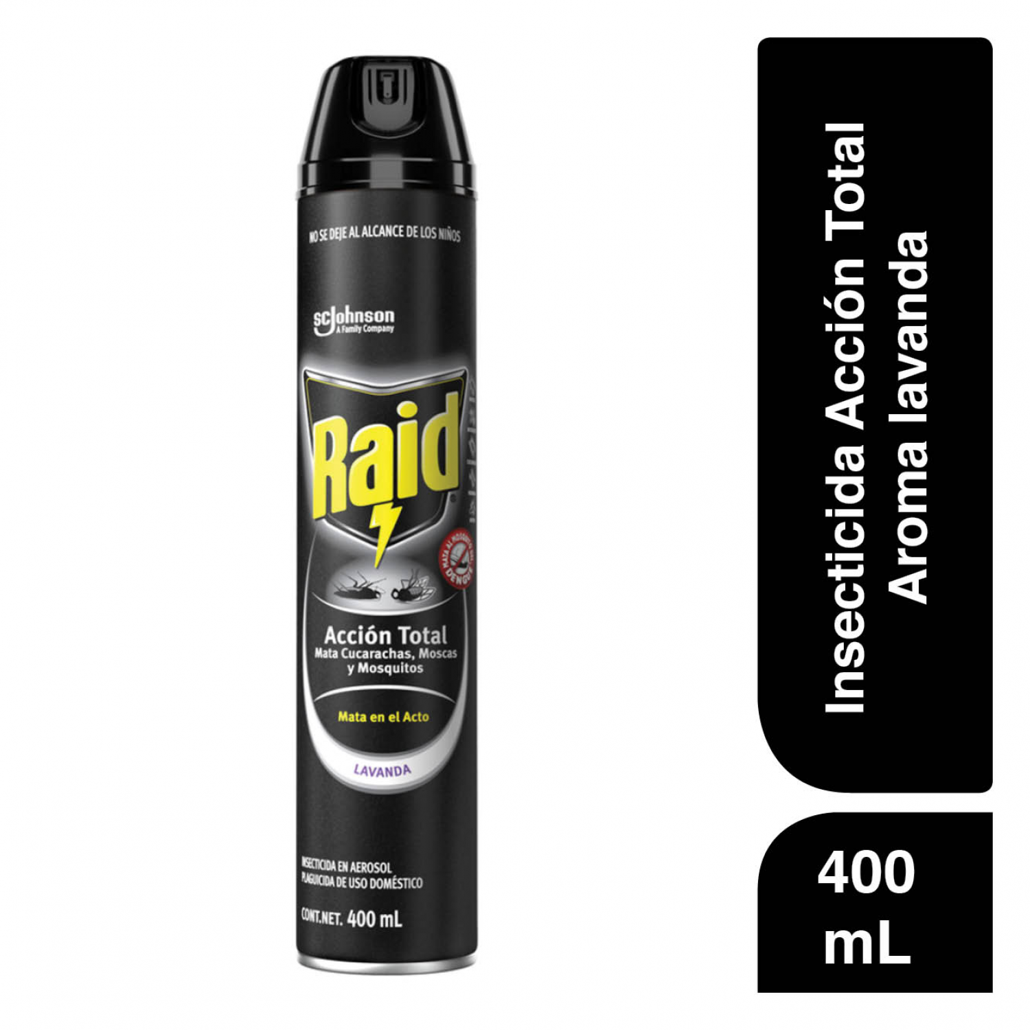 Raid Insecticida en Aerosol, Acción Total, Mata Cucarachas, Moscas, y Mosquitos, Aroma Lavanda, 400mL