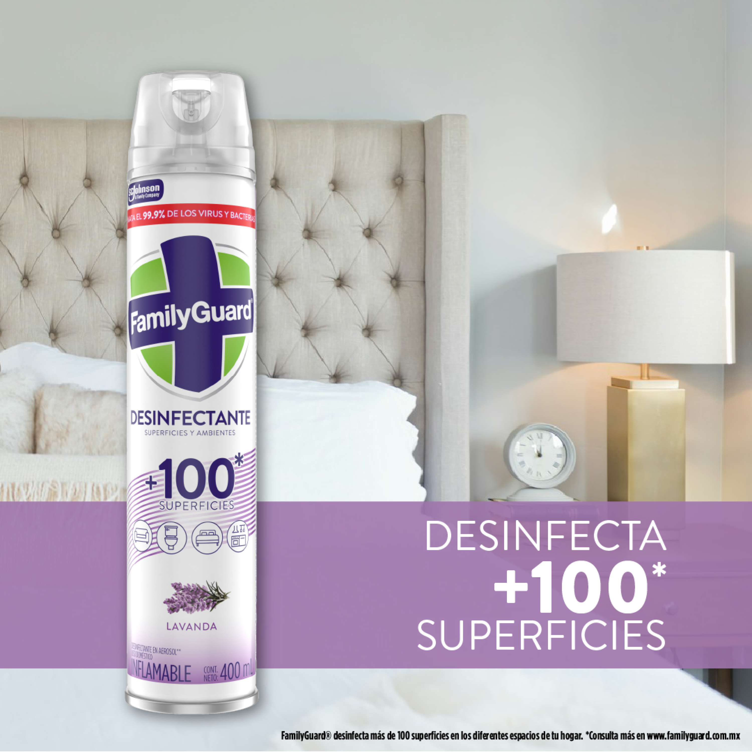 FamilyGuard Desinfectante y Eliminador de Olores en Aerosol Lavanda 400 ml