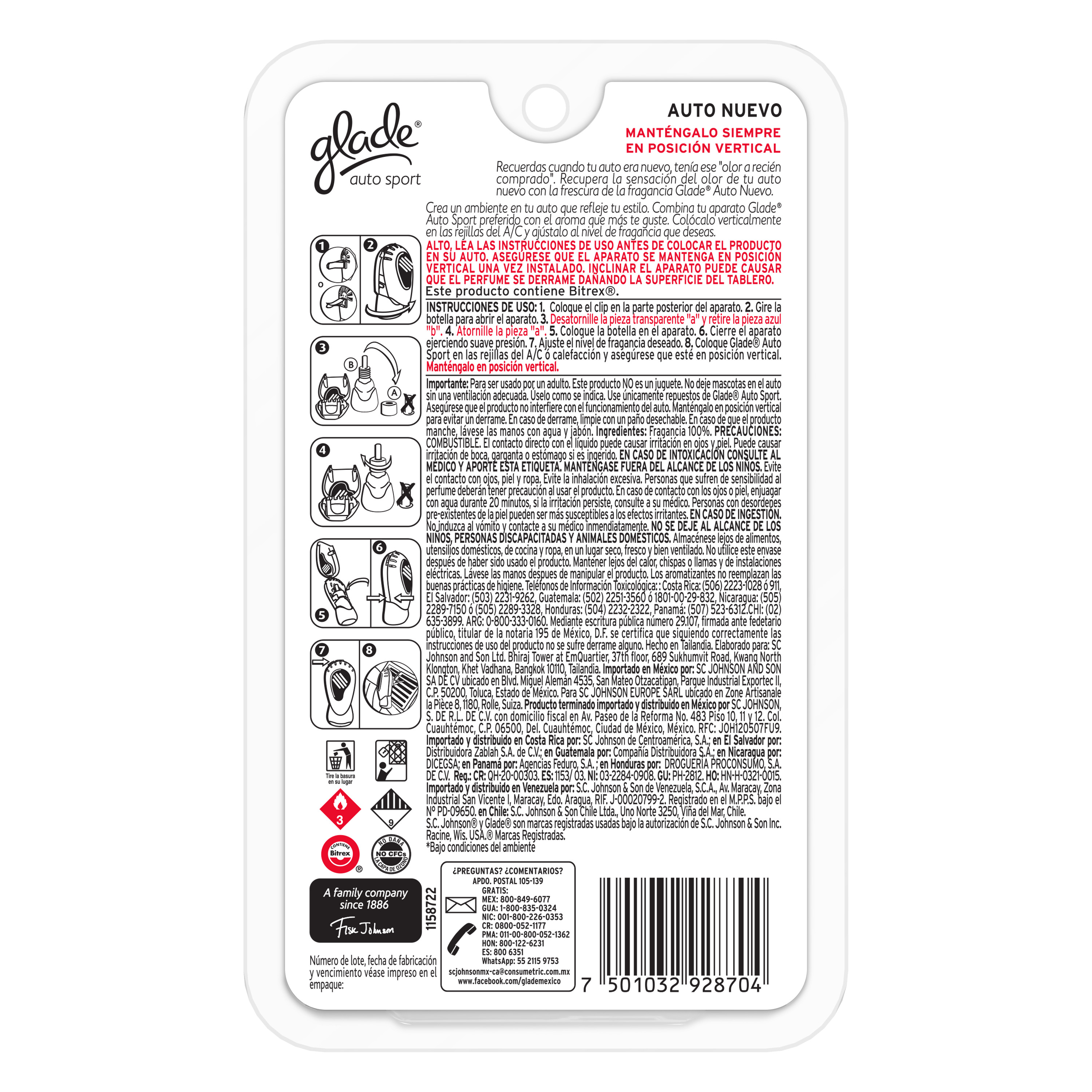 Glade Aromatizante para Carro Auto Sport Aparato Auto Nuevo 7ml