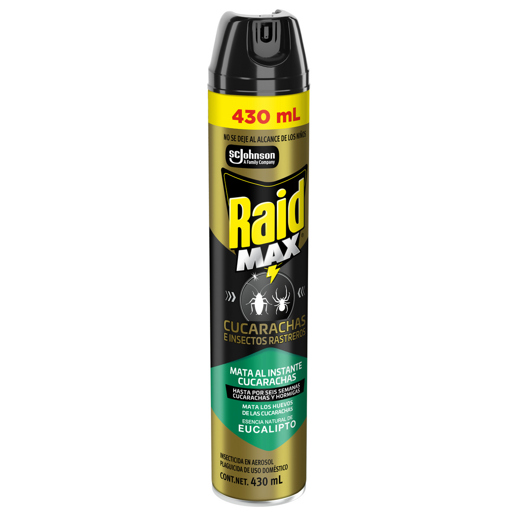 Raid Max® Insecticida en Aerosol, Mata Cucarachas e Insectos Rastreros, Plaguicida de Uso Domestico, Aroma Eucalipto, 430 mL