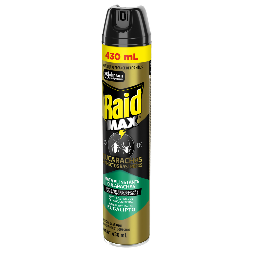 Raid Max® Insecticida en Aerosol, Mata Cucarachas e Insectos Rastreros, Plaguicida de Uso Domestico, Aroma Eucalipto, 430 mL