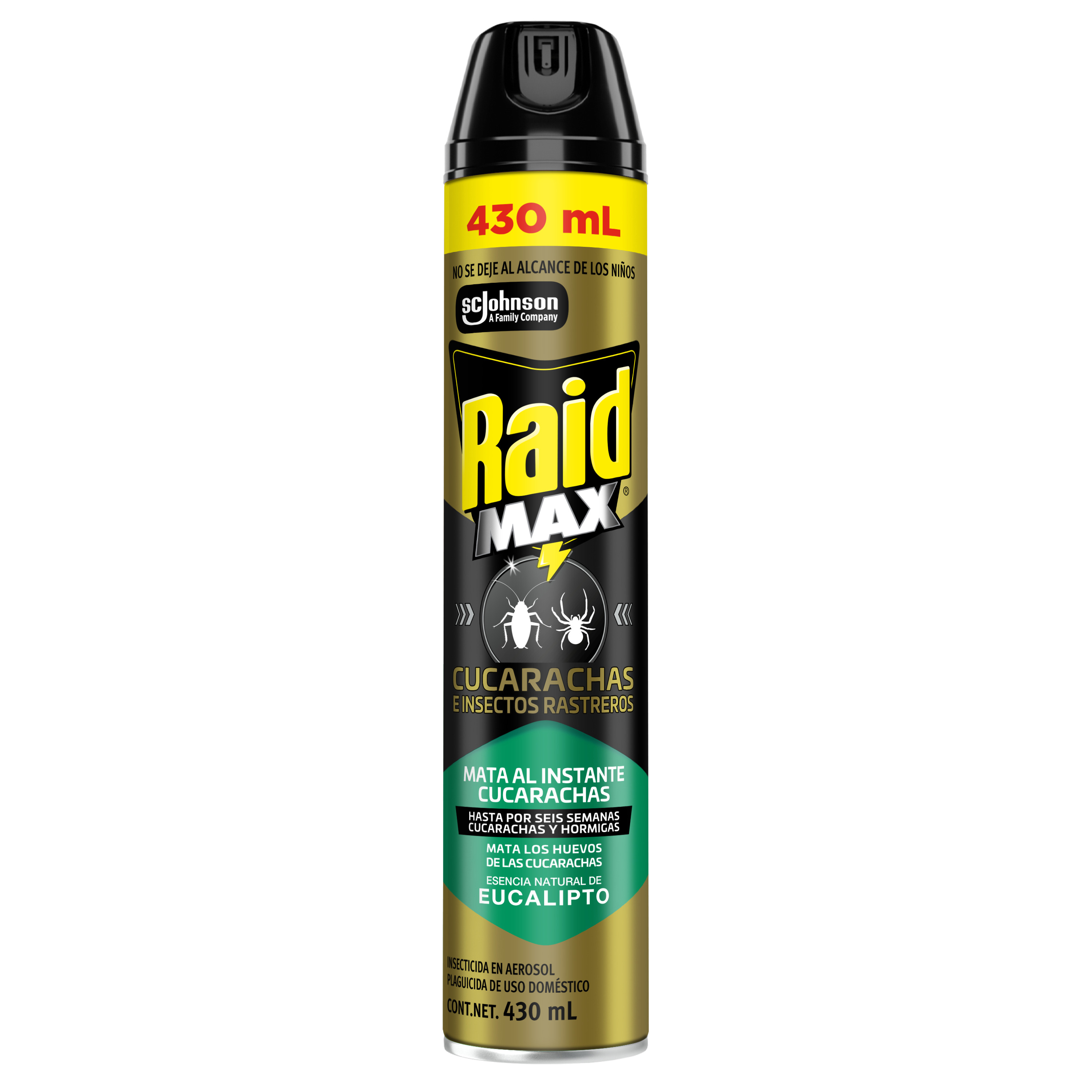 Raid Max® Insecticida en Aerosol, Mata Cucarachas e Insectos Rastreros, Plaguicida de Uso Domestico, Aroma Eucalipto, 430 mL