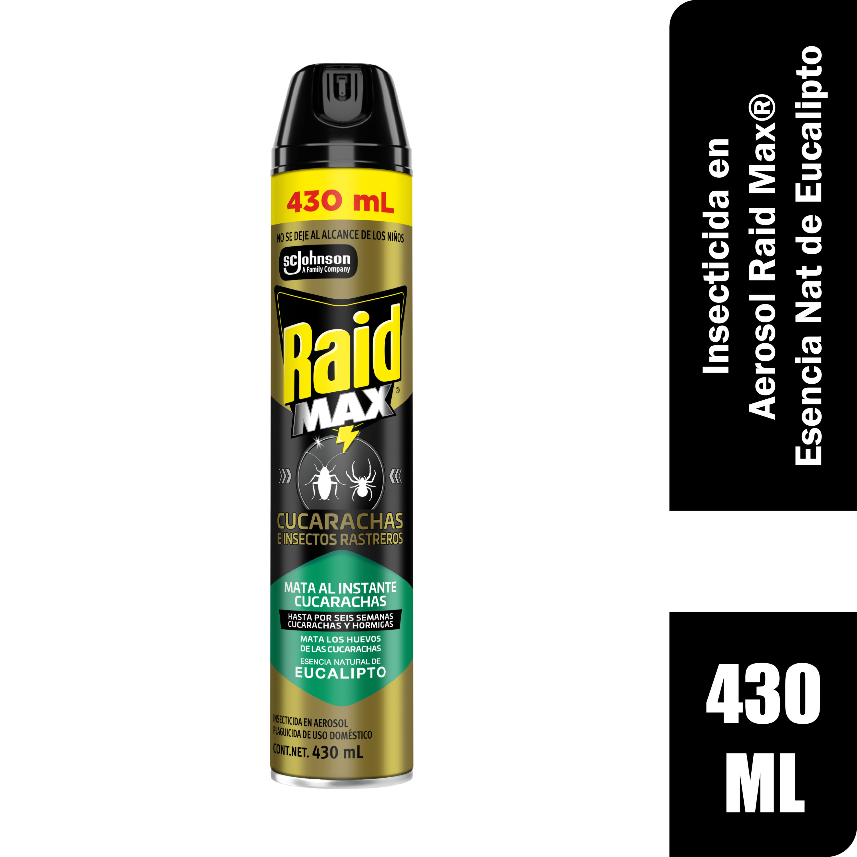 Raid Max® Insecticida en Aerosol, Mata Cucarachas e Insectos Rastreros, Plaguicida de Uso Domestico, Aroma Eucalipto, 430 mL