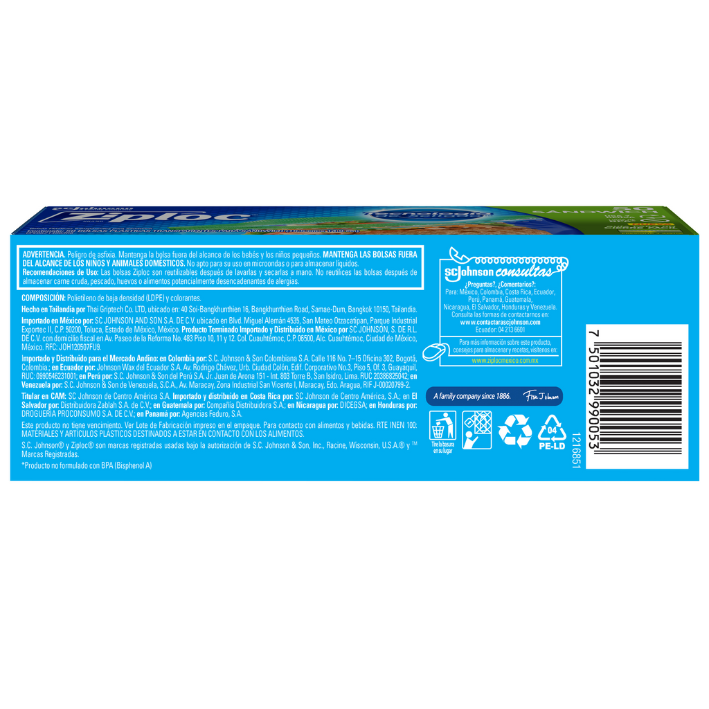 Ziploc Bolsa Reutilizable para Sándwich 50 piezas