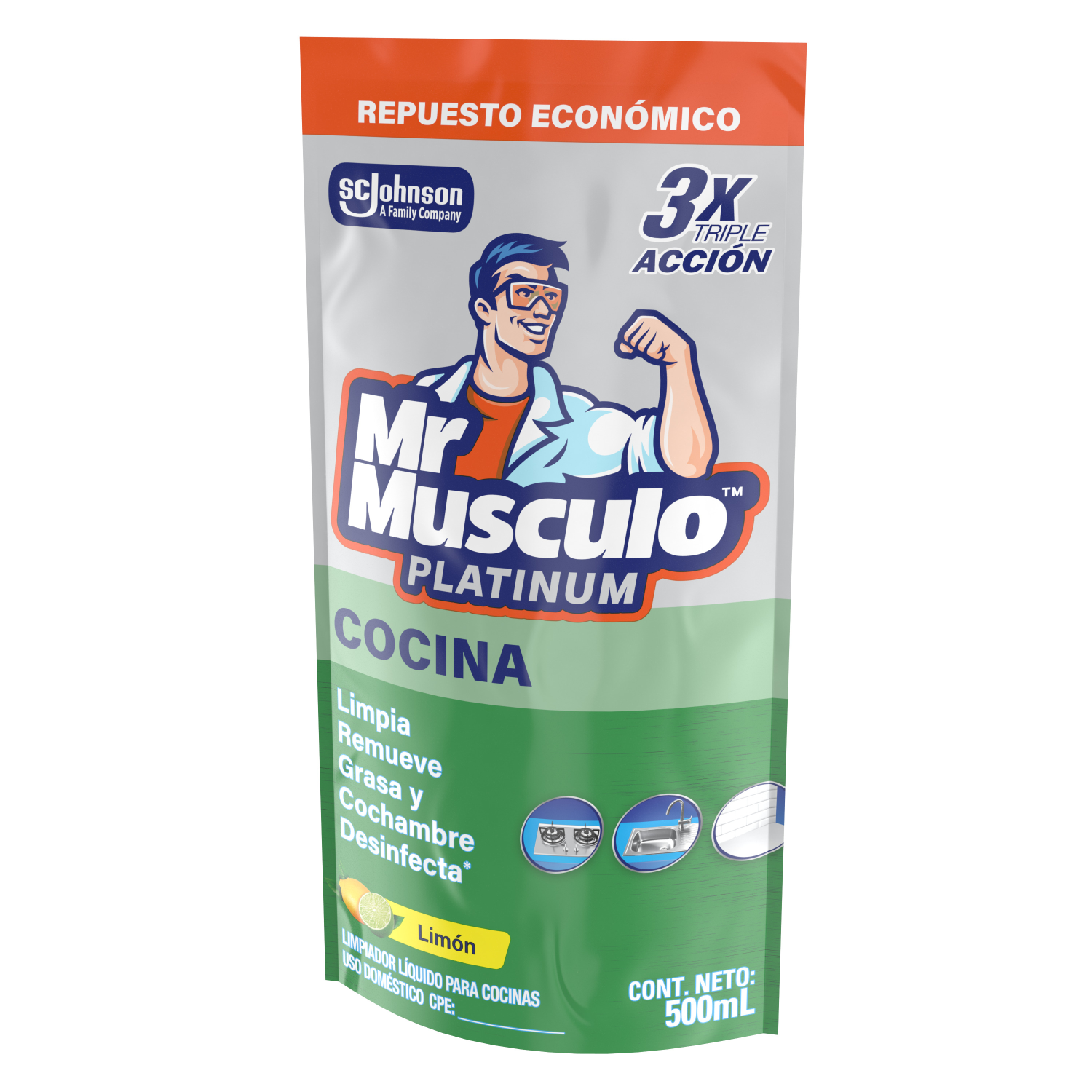 Mr. Músculo Platinum, Desengrasante Limón, Repuesto 500mL