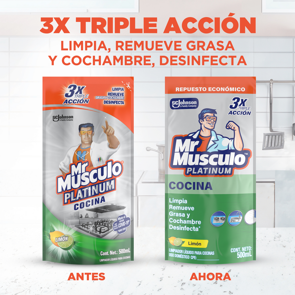 Mr. Músculo Platinum, Desengrasante Limón, Repuesto 500mL